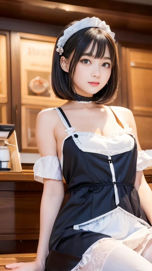 (maid, maid apron, fashion ), (lie down on bed, during sex:1. (full length, whole body), (black hair, 16 years aist and large breasts style, short 1.2), short bob hair, aqua eyes, blush stickers, one little star earring, lively eyes, younger sister girl, round face, eyebrows downward, light blush, Look at viewers, affectionate cute, cute girl, surreal high school girl, Look at viewers, natural smile, Hinano Himeno), (Surrealism, naturahting, depth of field, Nikon, 8k, super detail, masterpiece, high details, anatomically correct, award winning), during sex, On a plush bed