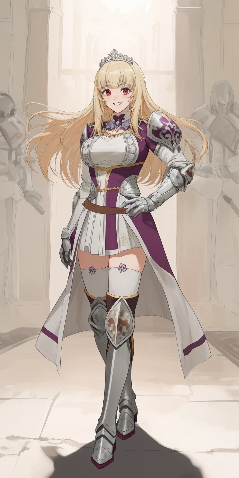 full body, Maria Fianna, RED breastplate, looking at viewer, shiny, armor, thighhighs, high boots,shoulder armor, faulds, poleyn, gloves, gauntlets, rerebrace armored boots, pauldrons,(masterpiece, best quality, ultra-detailed, best shadow) pointy ears, muscular lean, purple hair and red eyes, lustful smirking smile face red blushed, blush, strong abs, female body builder, tiara