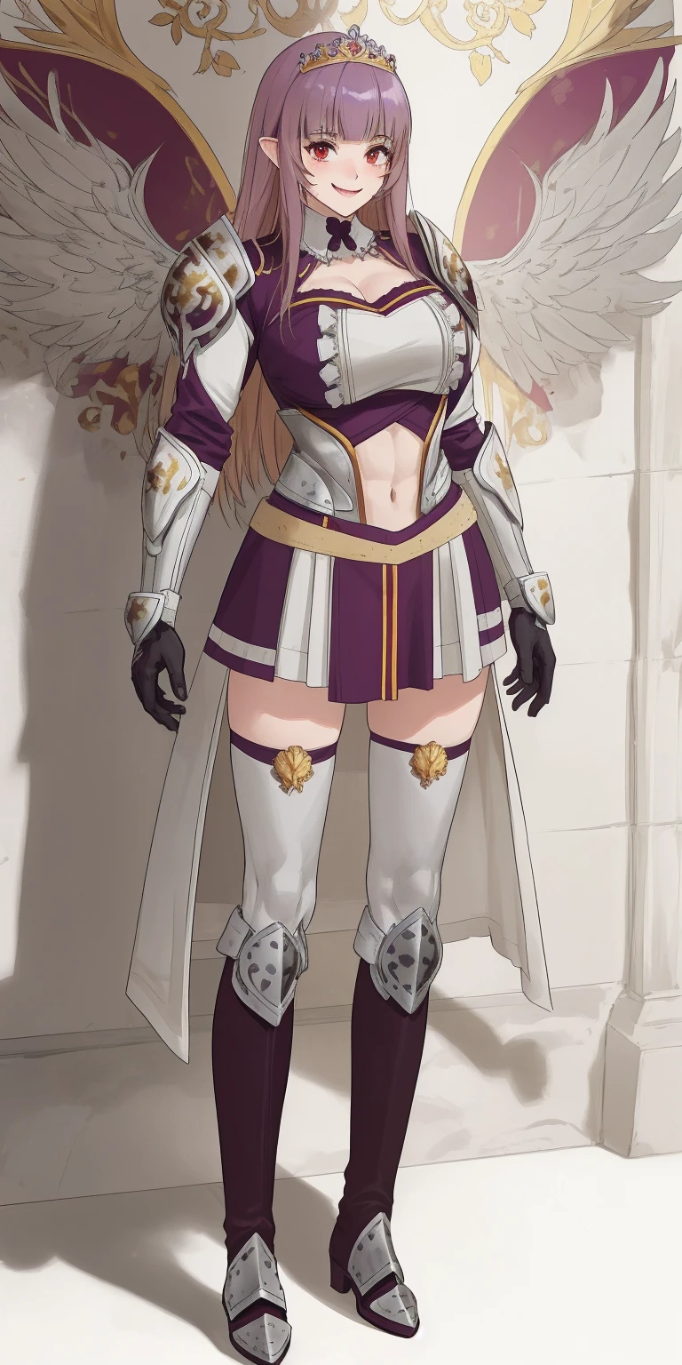 full body, Maria Fianna, RED breastplate, looking at viewer, shiny, armor, thighhighs, high boots,shoulder armor, faulds, poleyn, gloves, gauntlets, rerebrace armored boots, pauldrons,(masterpiece, best quality, ultra-detailed, best shadow) pointy ears, muscular lean, purple hair and red eyes, lustful smirking smile face red blushed, blush, strong abs, female body builder, tiara