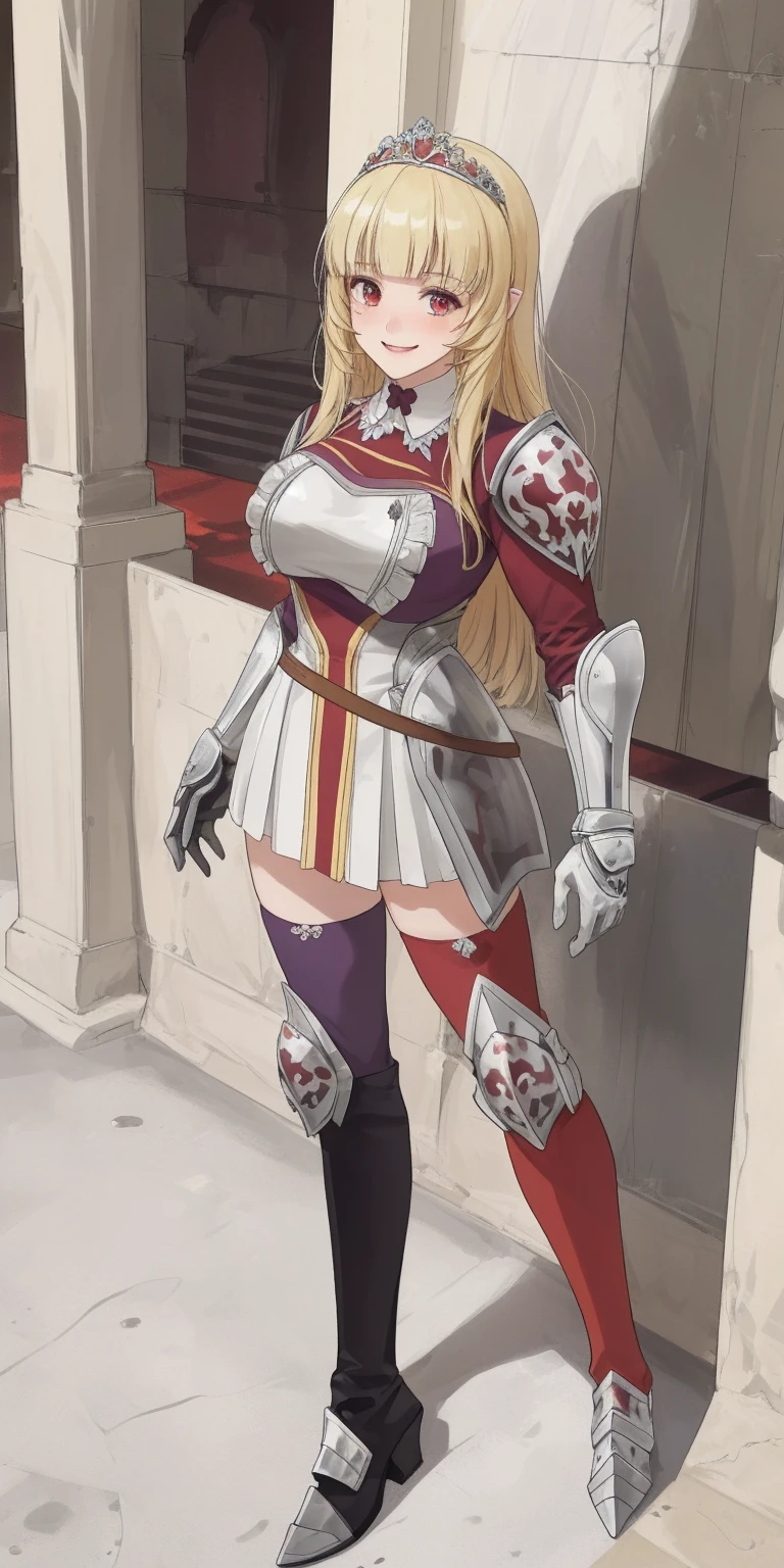 full body, Maria Fianna, RED breastplate, looking at viewer, shiny, armor, thighhighs, high boots,shoulder armor, faulds, poleyn, gloves, gauntlets, rerebrace armored boots, pauldrons,(masterpiece, best quality, ultra-detailed, best shadow) pointy ears, muscular lean, purple hair and red eyes, lustful smirking smile face red blushed, blush, strong abs, female body builder, tiara