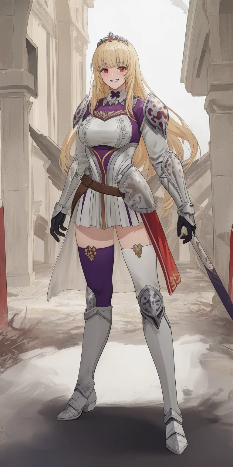 full body, Maria Fianna, RED breastplate, looking at viewer, shiny, armor, thighhighs, high boots,shoulder armor, faulds, poleyn, gloves, gauntlets, rerebrace armored boots, pauldrons,(masterpiece, best quality, ultra-detailed, best shadow) pointy ears, muscular lean, purple hair and red eyes, lustful smirking smile face red blushed, blush, strong abs, female body builder, tiara