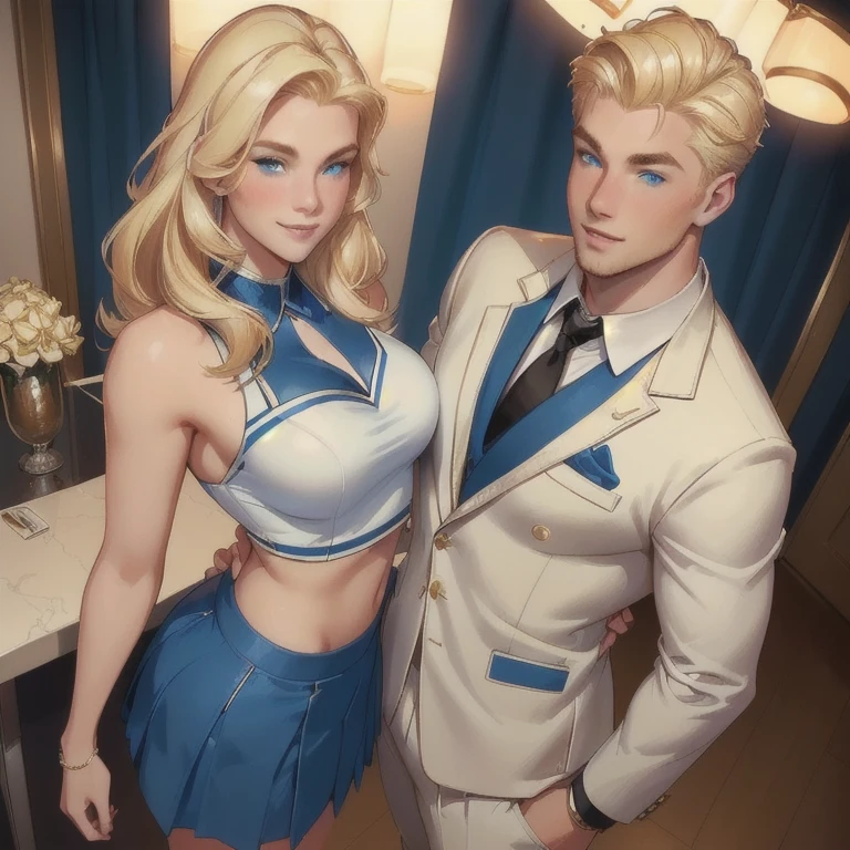 a handsome young man with blonde hair, blue eyes, and a charming smile, wearing a college fraternity party outfit, standing next to a beautiful cheerleader, 1 man,1 woman, detailed facial features, realistic skin texture, beautiful lighting, cinematic camera angle, studio lighting, highly detailed, photorealistic, 8k, best quality