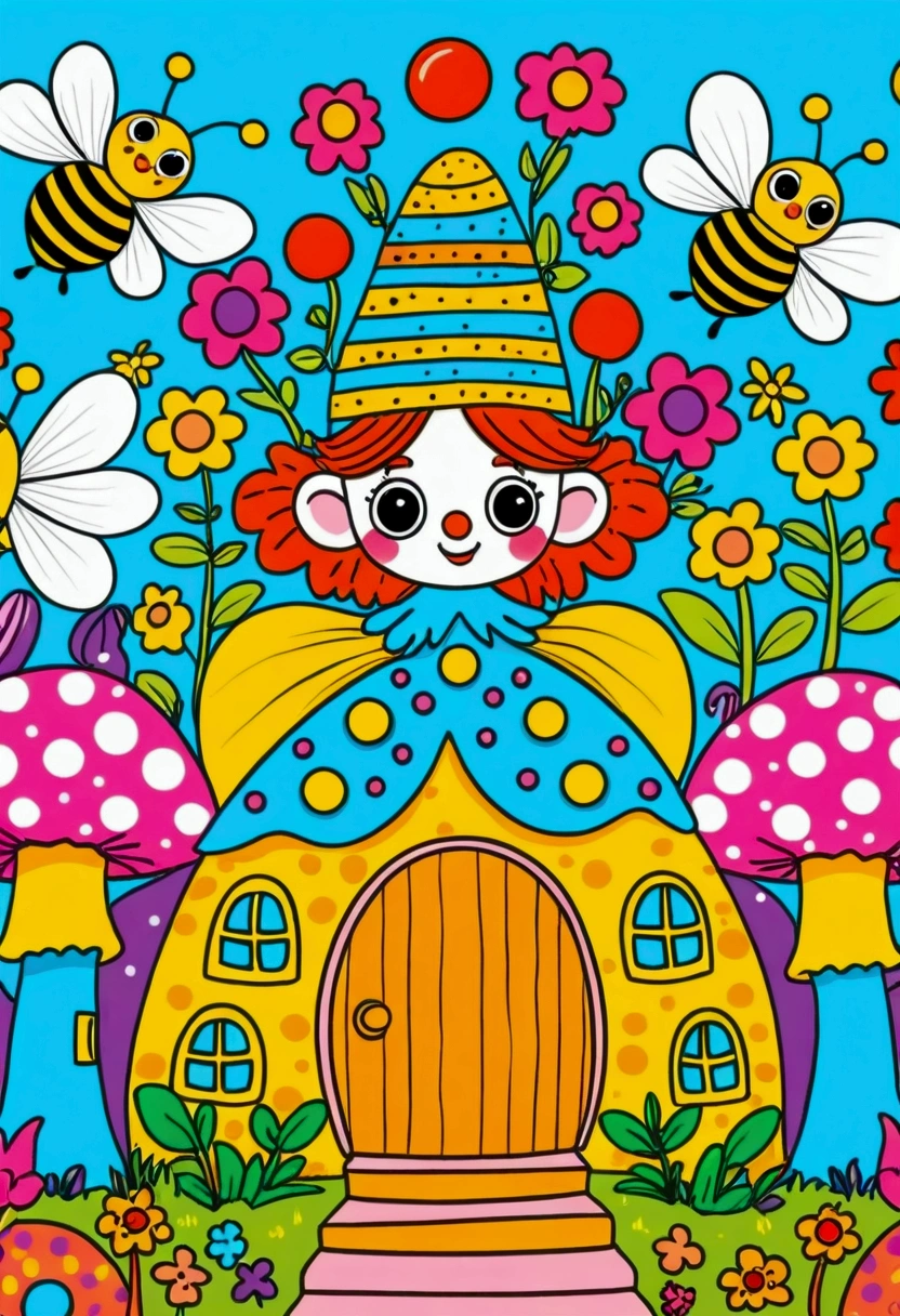 cartoon clown queen,  Queen Bee，Beehive House，mushroom，Coloring Pages, Drawn in a whimsical style, Color illustrations, Coloring Pages, Flower Prince, Coloring