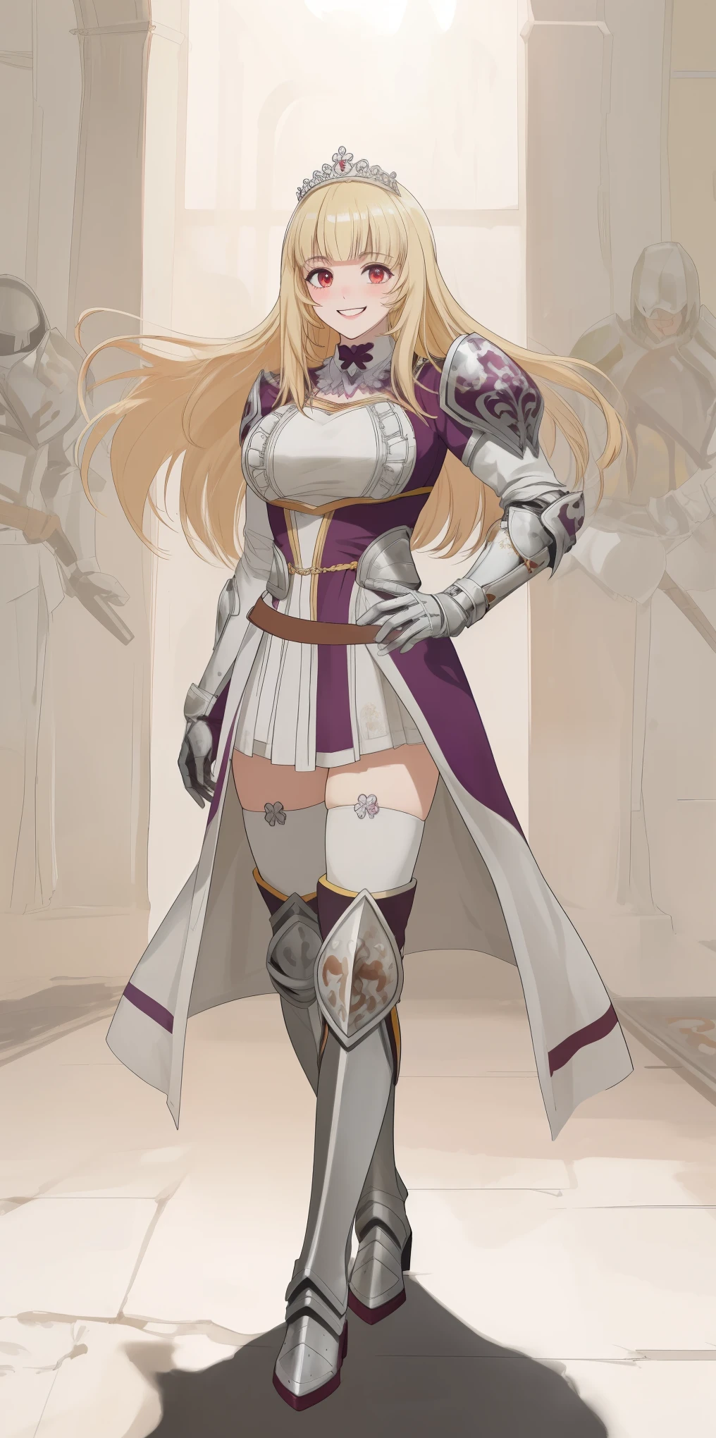 full body, Maria Fianna, RED breastplate, looking at viewer, shiny, armor, thighhighs, high boots,shoulder armor, faulds, poleyn, gloves, gauntlets, rerebrace armored boots, pauldrons,(masterpiece, best quality, ultra-detailed, best shadow) pointy ears, muscular lean, purple hair and red eyes, lustful smirking smile face red blushed, blush, strong abs, female body builder, tiara