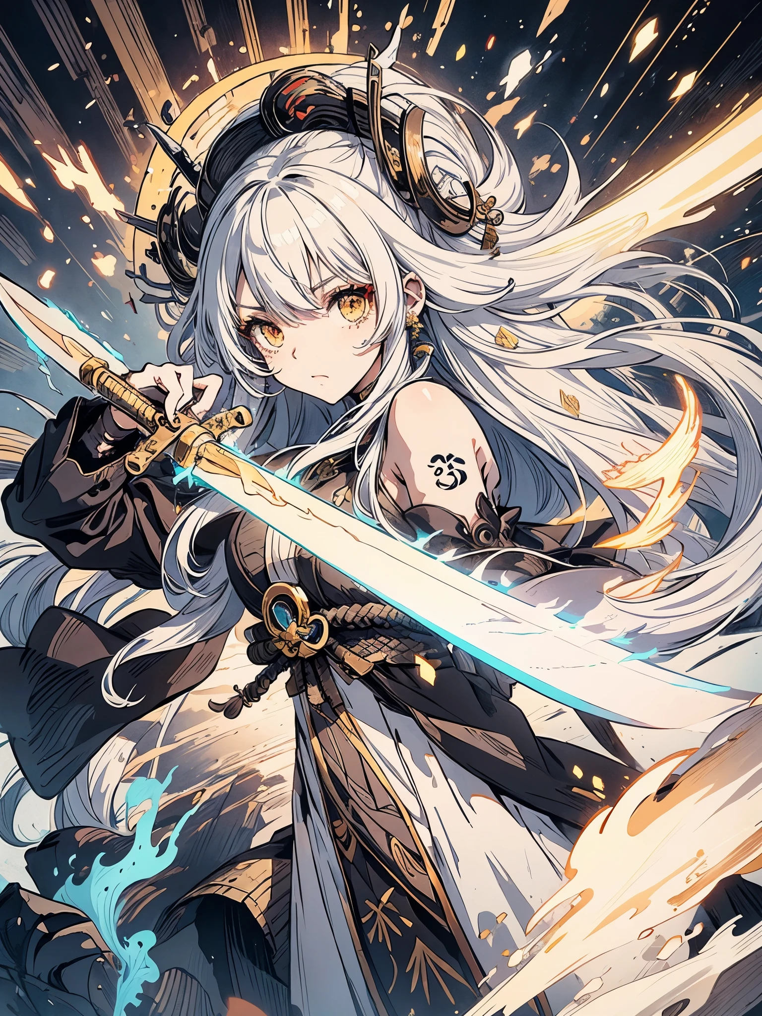 Black anime girl with long white hair in a white outfit, yellow eyes, with a sword, impatic genshin style