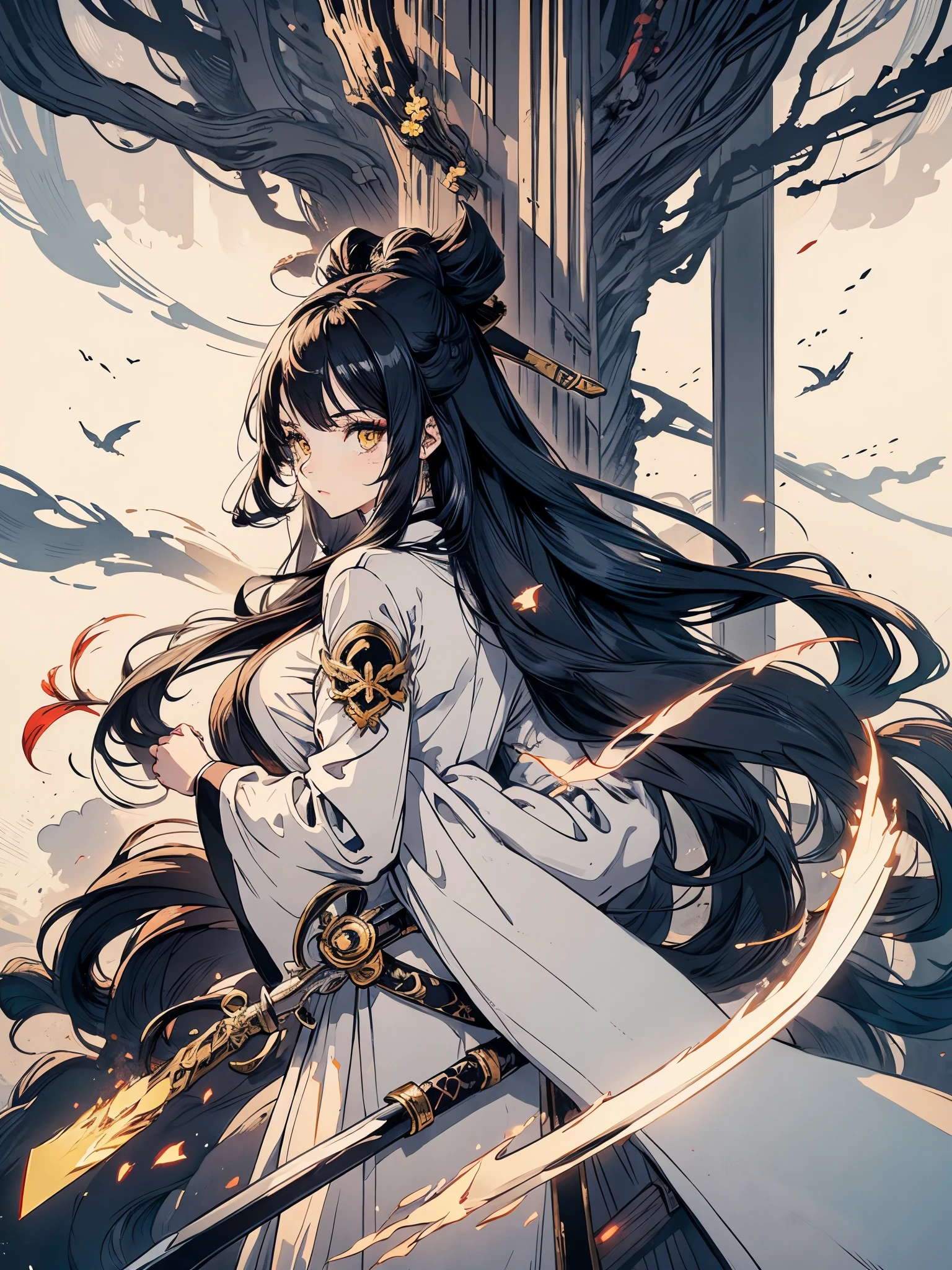 Black anime girl with long white hair in a white outfit, yellow eyes, with a sword, impatic genshin style