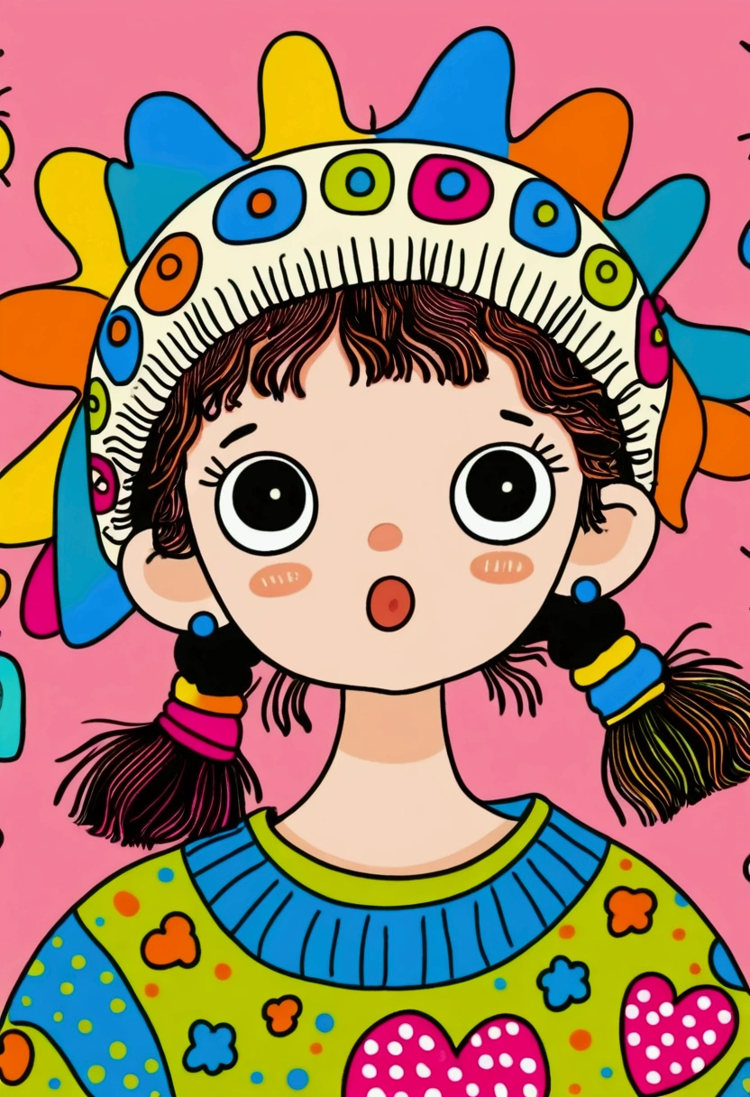 Cartoon stick figure：Close-up of a little child wearing a colorful sweater and hat, Digital art inspired by Hikari Shimoda, cg Social Hotspot, Toyism, Cute, colorful and adorable, Colorful and fashionable, Innocent expression. rich and vivid colors, Cute young girl, Colorful clothes Colorful clothes, Colorful, cute cartoon, Cute girl, Colorful, Multicolor