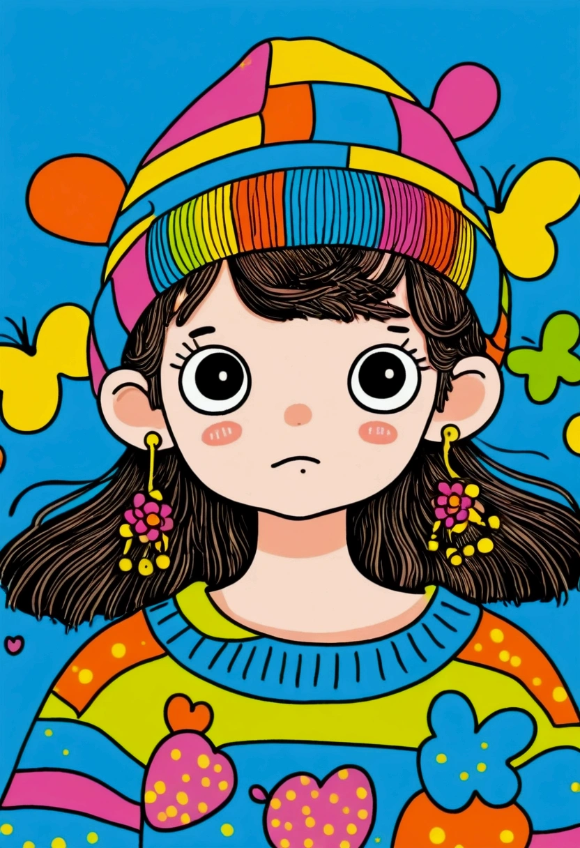 Cartoon stick figure：Close-up of a little child wearing a colorful sweater and hat, Digital art inspired by Hikari Shimoda, cg Social Hotspot, Toyism, Cute, colorful and adorable, Colorful and fashionable, Innocent expression. rich and vivid colors, Cute young girl, Colorful clothes Colorful clothes, Colorful, cute cartoon, Cute girl, Colorful, Multicolor