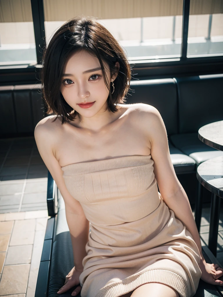 (masterpiece:1.2), Very detailed, Ultra-high resolution, (Realistic, photo Realistic:1.6), High-resolution RAW color photos, Professional photos, Sharp focus:1.2, (Very detailed顔と肌の質感, Very beautiful eyes, Glossのある肌, Glowing Skin, Glowing Skin, Shining Face, Gloss, Oily skin, greasy face, Oily skin, greasy face,),, (real Glossのある肌 texture), Perfect Anatomy, Very detailed背景,(Office at night),1 female,25-year-old woman, Japanese women,Height: 168cm,(short hair, Straight hair, bangs, Brown Hair),((Flat Chest:1.6)),(Slim, thin legs), ((((Sleeveless tight knit mini dress、Clothes that show off your body lines)))
