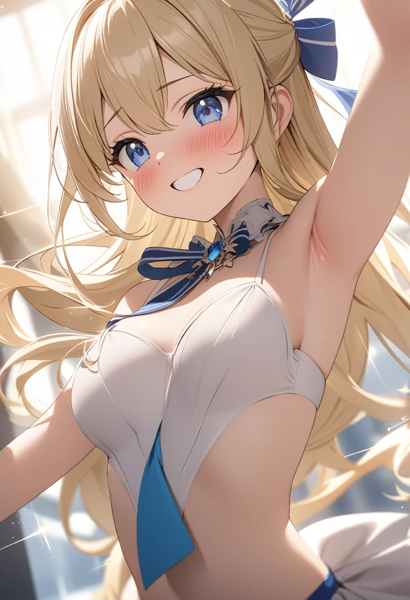 8k,1girl, kagamine rin,game cg, solo, looking viewer, cinematic angle, masterpiece, best quality,happy ,flat chest,face,hair ribbon ,blush,JK,JC,A gentle smile,A gentle smile,:o,micro bikini costume ,super micro bikini costume,very micro bikini costume,micro bikini,detailed skin,small nipple