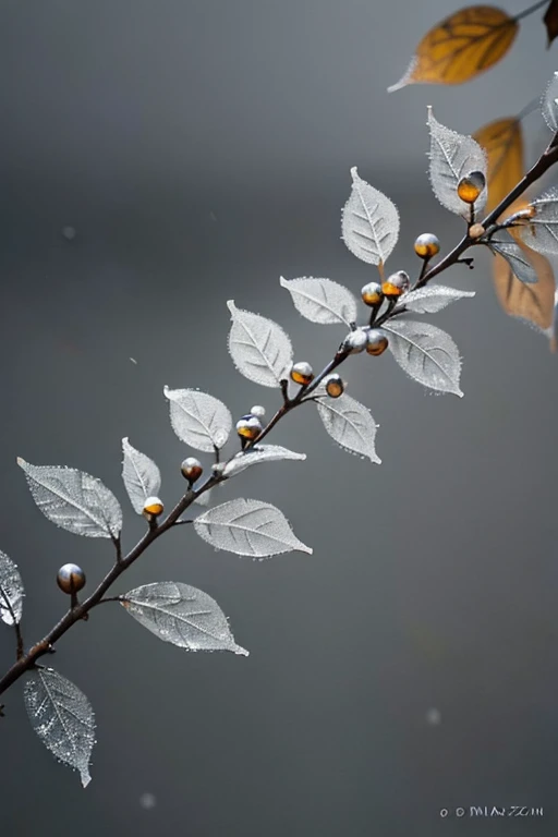 cold autumn twillight ， dewdrops condensed on tree branch，close-up，grey background