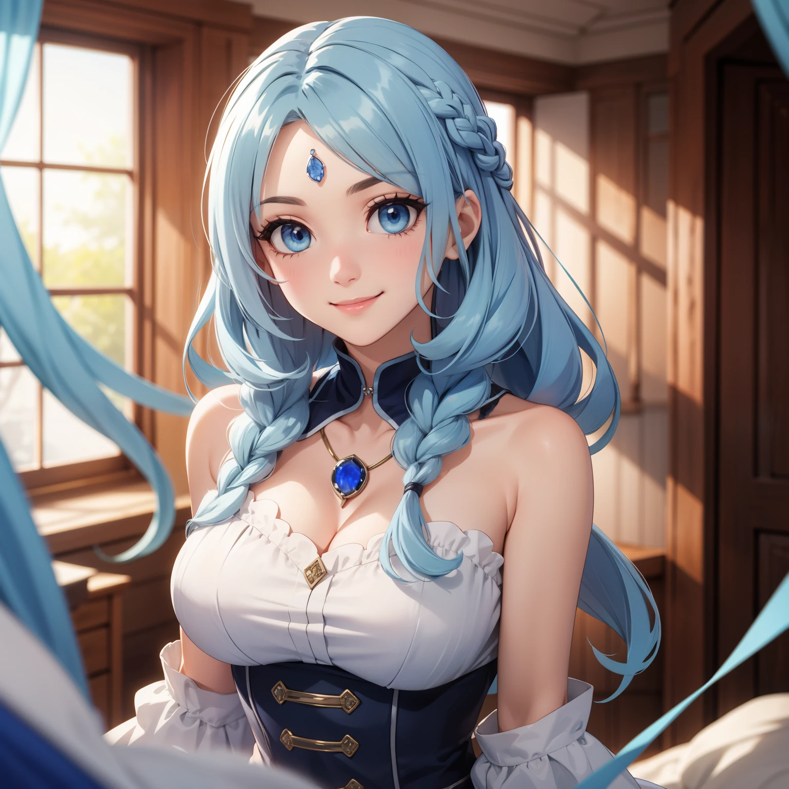 ,braided light blue hair, Blue eyes, a sapphire on her forehead, smile, pechos grandes, , light blue support background a bed is in a room