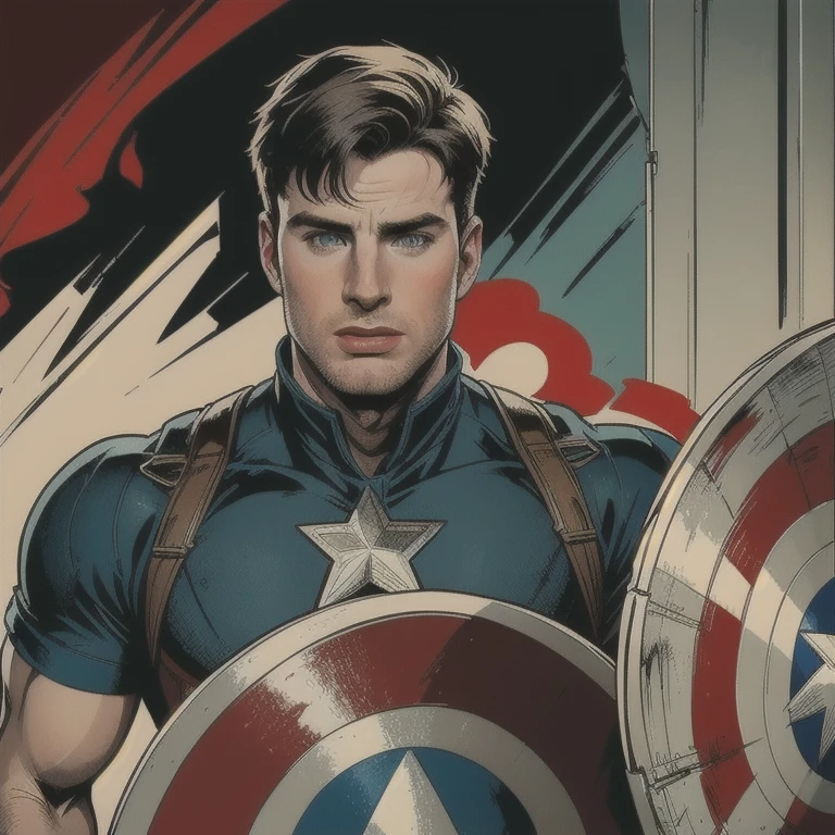 a detailed portrait of chris evans as captain america on the front lines of world war 2, captain america holding his shield, american flag background, battalion of american soldiers, dramatic cinematic lighting, highly detailed, photorealistic, 8k, masterpiece