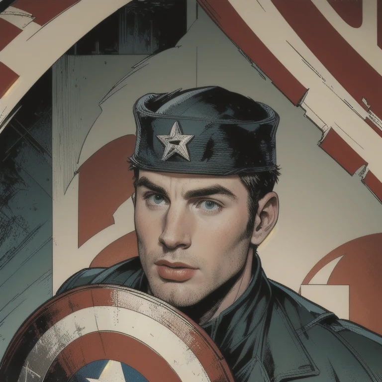 a detailed portrait of chris evans as captain america on the front lines of world war 2, captain america holding his shield, american flag background, battalion of american soldiers, dramatic cinematic lighting, highly detailed, photorealistic, 8k, masterpiece