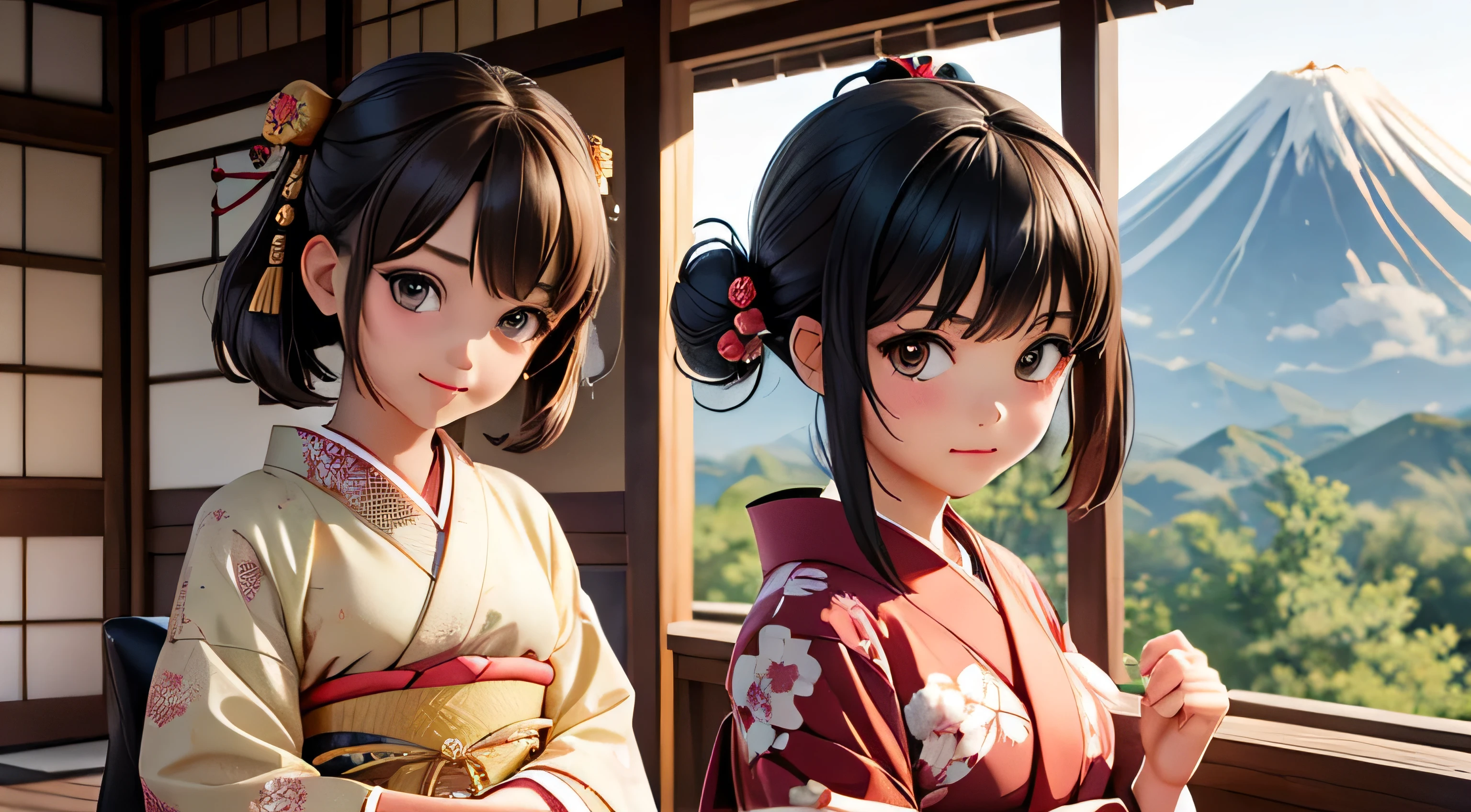 (((Top quality, 8K, masterpiece))), Sharp focus, (Beautiful Women in Perfect Shape), slim, (hairstyle: up)), ((kimono: sugar cane)), street: 1.2 高度详细的脸部和皮肤纹理 细致的眼睛 Double eyelids随意姿势, (Smile),super cute Japan person,super beauty Japanese girl, Realistic face, Double eyelids,Smile,Summer Day Festival , Sunset ,Fireworks background.