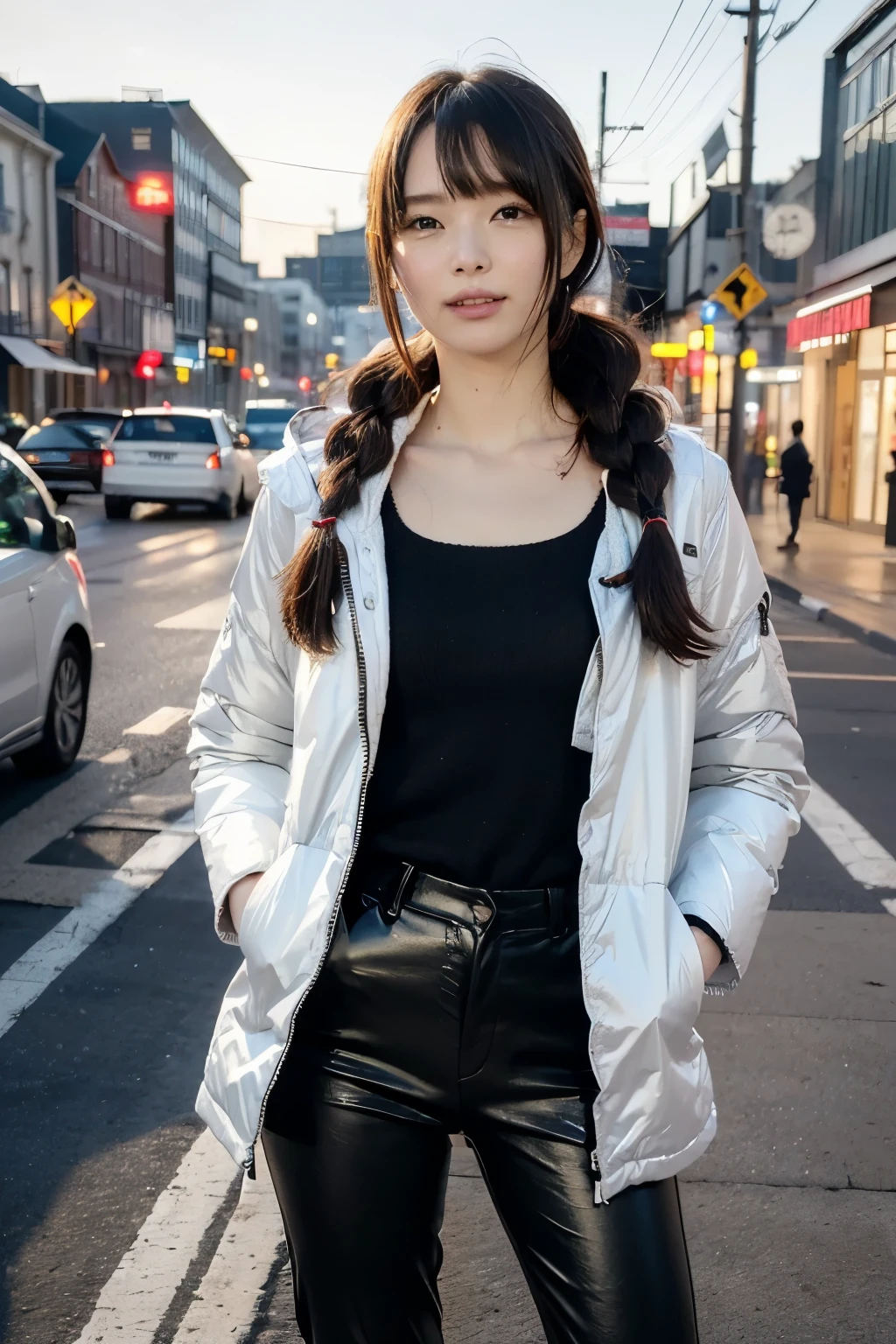 ((RAW photo:1.2)), ((masterpiece:1.2, best quality:1.2)), highres, 8k, amazing, (photo-realistic:1.4), naturalness, ultra detailed, (best shadow), (exquisitely detailed real skin texture, Detailed shiny skin), (perfect anatomy:1.7), (cinematic lighting), glowing eyes,
BREAK
(flat chest, slim body, thin legs, long braid hair, (short Down jacket),tunic sweater,Slim fit pants), winter, (in city), deep dark, deep night, unstable atmospheric, smile