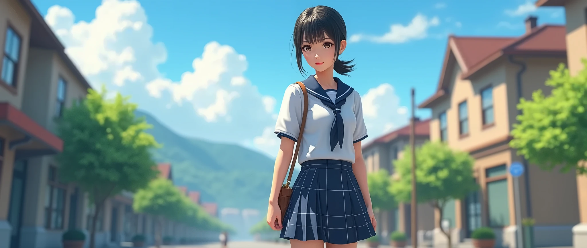 Anime girl in school uniform standing on street with buildings in ...