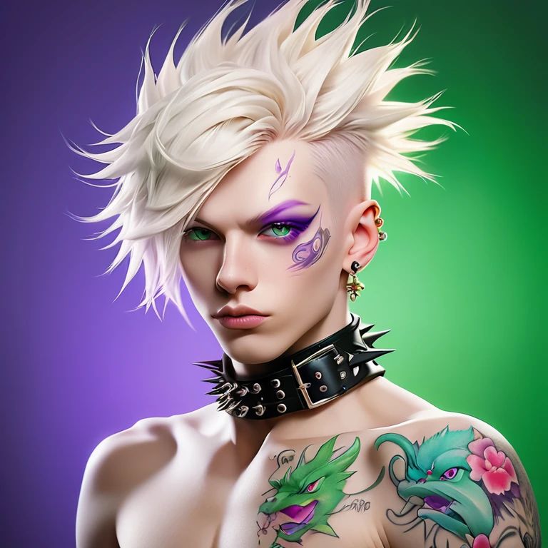 
Portrait of a cute Russian boy in the style of Alberto Seveso ,best quality, super detailed, photorealistic, white colors, albino, punk boy, school heartthrob ! Detailed eyes, upper body, Luxurious Punk Hair, Avant-garde punk fashion, Avant-garde makeup, multiple piercings, Gold jewelry ,Heavily tattooed body, 3D Colored Tattoos, dragon tattoo on neck , abstract background, Backlight effect, shallow depth of field, purple background" Meticulous, analog style, Focus on the eyes, of the highest quality, very detailed skin, photo of a very handsome Russian punk, perfect cute face, skin pores, penetration , green background, hips , clear focus, grainy lighting, Backlight ,high film grain, сфотографирован камерой Sony A7R IV, 18мм F/1.7 cinema lenses, very detailed, detailed elaboration, 8 k, HDR, front view, upper body .