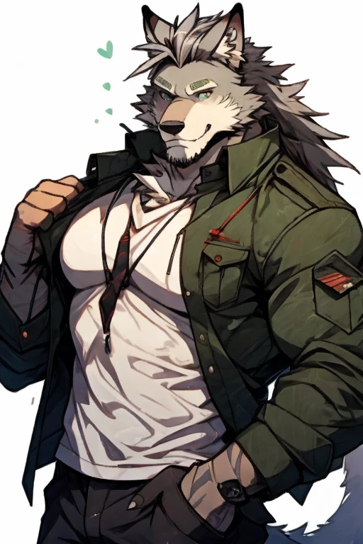 A Upper Torso Body and right Side Picture of A Very Muscular Furry style Gray Wolf. he is wearing A Full long armed Dark Green Soldier suit that was used in the war. his hand are in his pocket The background is all White. he have a very long tail. His hair is spikey and messy. He have A gray hair. He have a little smile with blushes on his face in shyness. he is looking at the viewer