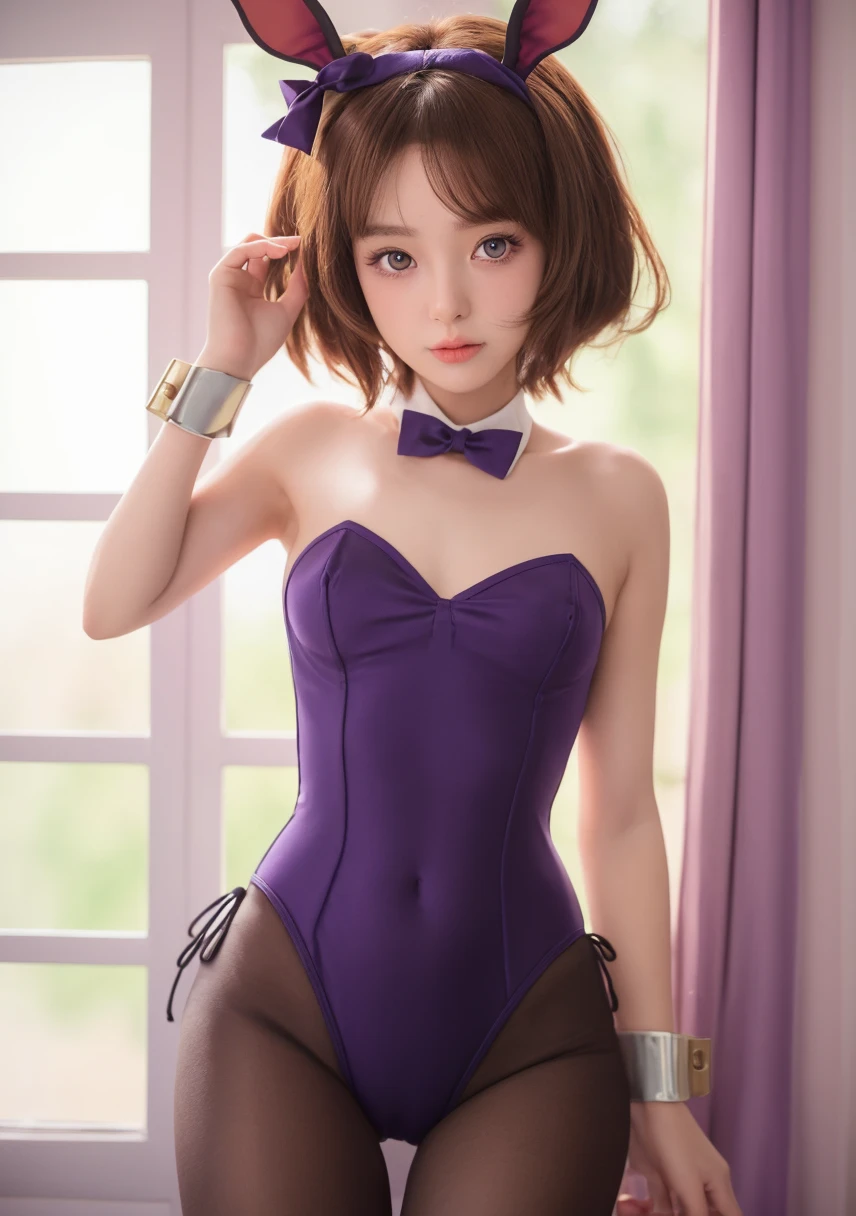Japan Beautiful Girl, (Real, Hi-Res: 1.4), One Girl, (Natural Light), (More Face, More Hair, More Skin), (Middle Chest), (Open Mouth: 1.1), Big Eyes, Slender, Legs, Mid-waist, Full Body Shot, Standing, Wavy short Hair, (purple artistic leotard: 1.2), High Heels,red beret,