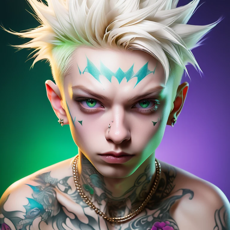 
Portrait of a cute Russian boy in the style of Alberto Seveso ,best quality, super detailed, photorealistic, white colors, albino, punk boy, school heartthrob ! Detailed eyes, upper body, Luxurious Punk Hair, Avant-garde punk fashion, Avant-garde makeup, multiple piercings, Gold jewelry ,Heavily tattooed body, 3D Colored Tattoos, dragon tattoo on neck , abstract background, Backlight effect, shallow depth of field, purple background" Meticulous, analog style, Focus on the eyes, of the highest quality, very detailed skin, photo of a very handsome Russian punk, perfect cute face, skin pores, penetration , green background, hips , clear focus, grainy lighting, Backlight ,high film grain, сфотографирован камерой Sony A7R IV, 18мм F/1.7 cinema lenses, very detailed, detailed elaboration, 8 k, HDR, front view, upper body .