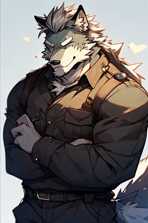 A Upper Torso Body and right Side Picture of A Very Muscular Furry style Gray Wolf. he is wearing A Full long armed Dark Green Soldier suit that was used in the war. his hand are in his pocket The background is all White. he have a very long tail. His hair is spikey and messy. He have A gray hair. He have a little smile with blushes on his face in shyness. he is looking at the viewer