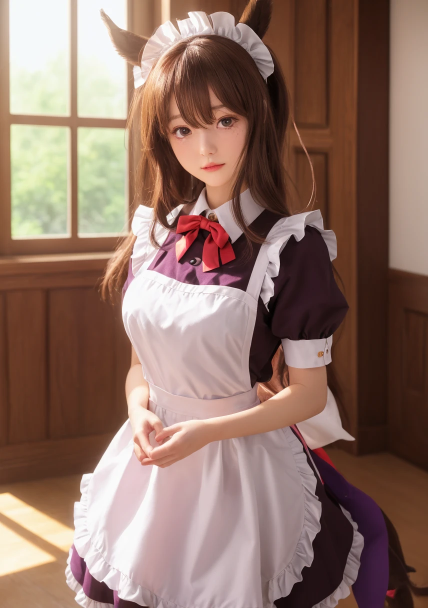aaaqua, twintails, drill hair, maid headdress, cleavage, short sleeves, wrist cuffs,aarem, short hair, maid headdress, x hair ornament, hair ribbon, hair over one eye, large breasts, frills, neck ribbon, cleavage, dress, detached sleeves, white apron, waist apron, white pantyhose
