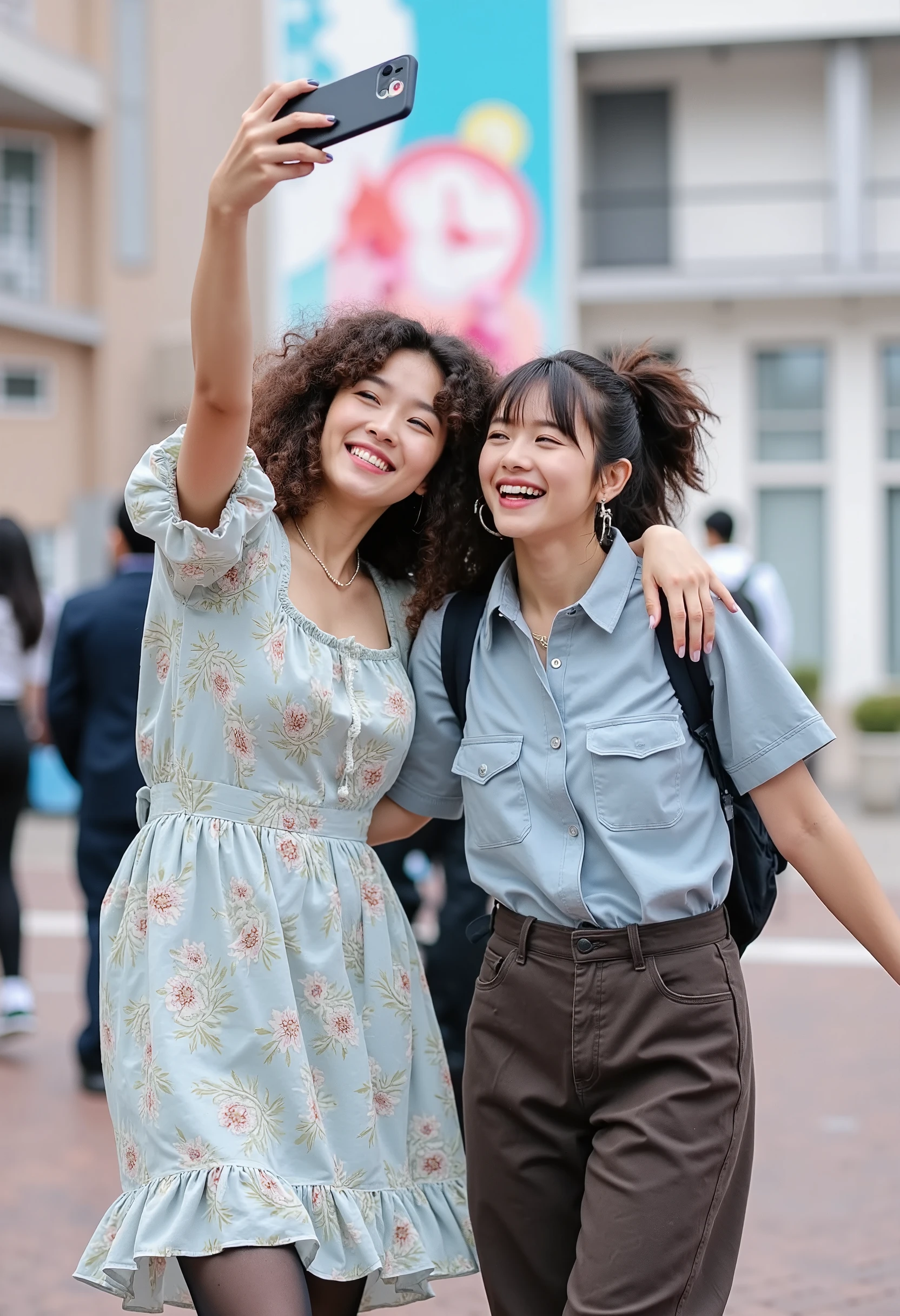 two korean woman taking a selfie in a vibrant city square, the woman with big curls and a bohemian dress, and the man with a messy bun and a casual shirt, both laughing and posing happily in front of colorful street art, betterpose.