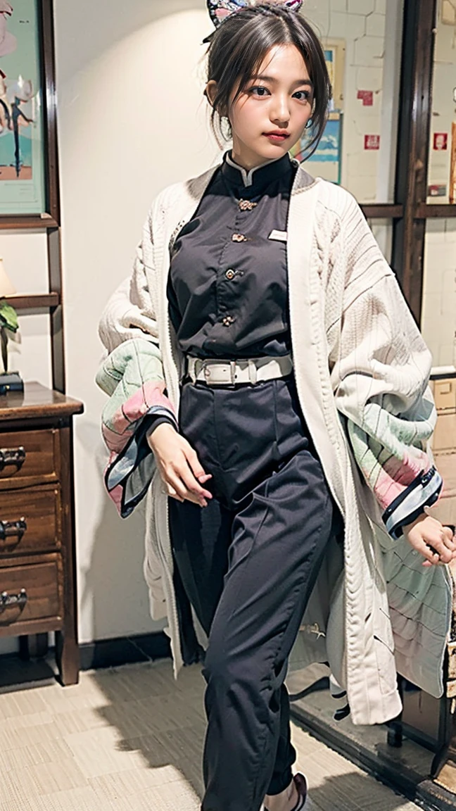 masterpiece, Best Quality, Beautiful Japanese Girls、 junior high school student、Young face、low length、Immature body、Completely naked、Full nudity,Hotel Bedroom、On the bed, Kochou Shinobu, Multicolored Hair, No bangs, Hair Ingestion, purple eyesforehead, Black Shirt, Black Pants, Thin Haori, Butterfly, button, belt, Small breasts、Beautiful cherry-colored areola、Erect nipples、Small waist、Shaved、buttonを全て外し胸を露出している、シャツのbuttonを全て外し胸を出している
