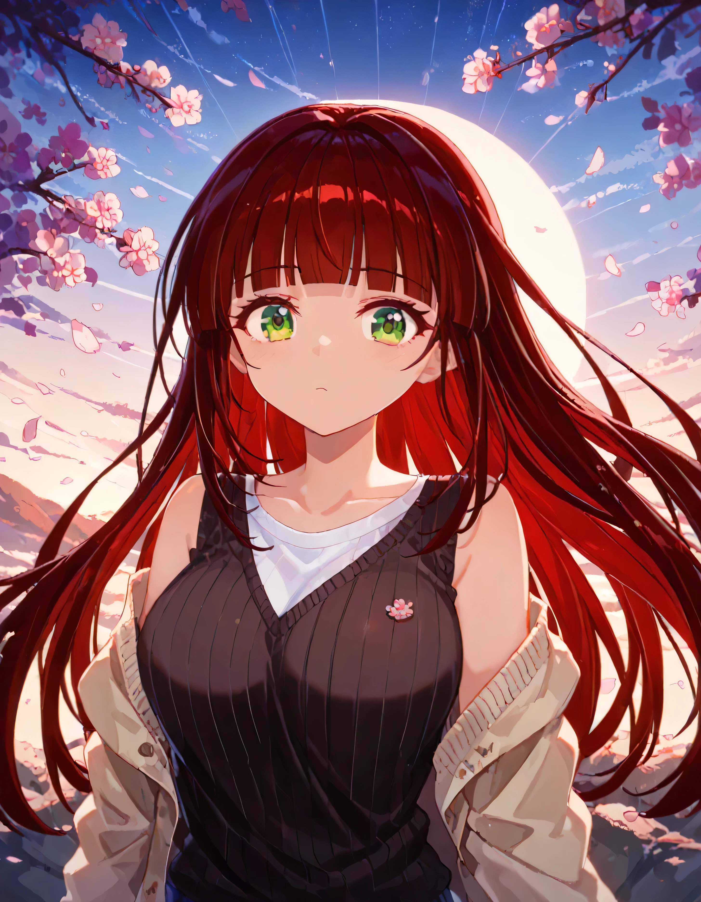 luzao\(EOE\),one girl,solo,(by mitsumi misato:0.6),best quality, masterpiece, ,,break,1girl, outdoors,(Detailed background), (Detailed Lighting),,break, super detailed skin,very high resolution, very aesthetic, Best sexual lighting powered by famous artist, 8k, 16k,,beauty illustration,photoshop_(medium),,(Detailed Lighting),best anime 8k konachan wallpaper, pixiv contest winner,(green eyes:1.2),(dark red hair|Detailed hair|blunt bangs|shiny hair),(sweater,off shoulder,vest,undershirt,overlap),bust,unaestheticXL_bp5, (negative_v2 Color_Balance_Calibration:0.8), aidxlv05_neg