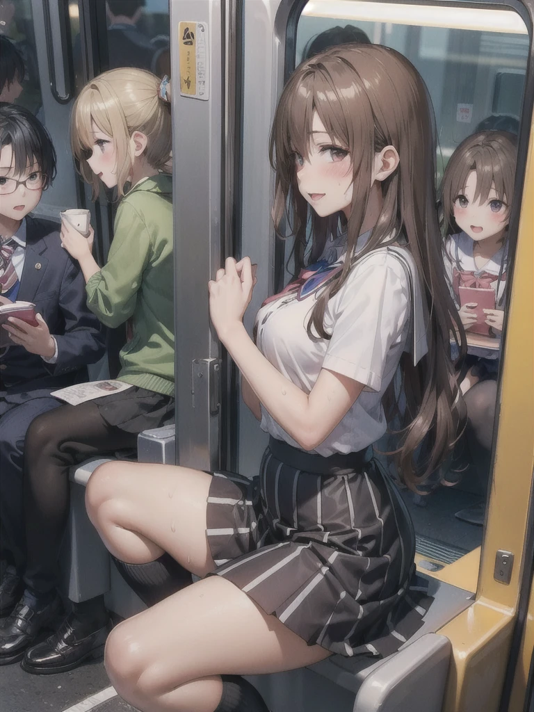 NSFW, photorealistic, top-quality, masterpiece, 4 Korean women , Korean female only, ABSOLUTELY NO MALE, absolutely no men, VERY crowded female only subway train interior detailed scenario, VERY crowded Korean female only subway train interior detailed background, standing insanely hot (woman 1) using sexy ((school uniform)), (((lifted skirt)), (thick thighs), (fear expression), blushed face, (woman 2) sexy young, blond hair, confused look, mature woman ass groping woman 1 from behind, woman 2 touches woman 1 vagina, young woman 2 caressing woman 1 legs, wet kiss, lesbian kiss, (((mature woman pressing her chest on woman 1 back))) and (((holding her waist behind her))), nude, torn clothes, exposed gentials,