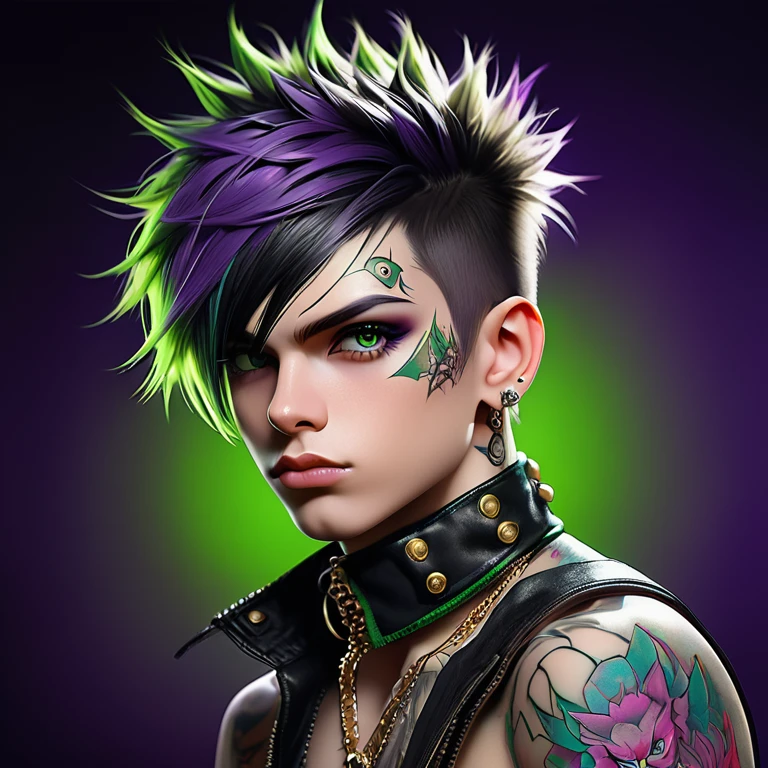 
Portrait of a cute Russian boy in the style of Alberto Seveso ,best quality, super detailed, photorealistic, black hair, punk boy, school heartthrob ! Detailed eyes, upper body, Luxurious Punk Hair, Avant-garde punk fashion, Avant-garde makeup, multiple piercings, Gold jewelry ,Heavily tattooed body, 3D Colored Tattoos, dragon tattoo on neck , abstract background, Backlight effect, shallow depth of field, purple background" Meticulous, analog style, Focus on the eyes, of the highest quality, very detailed skin, photo of a very handsome Russian punk, perfect cute face, skin pores, penetration , green background, hips , clear focus, grainy lighting, Backlight ,high film grain, сфотографирован камерой Sony A7R IV, 18мм F/1.7 cinema lenses, very detailed, detailed elaboration, 8 k, HDR, front view, upper body .