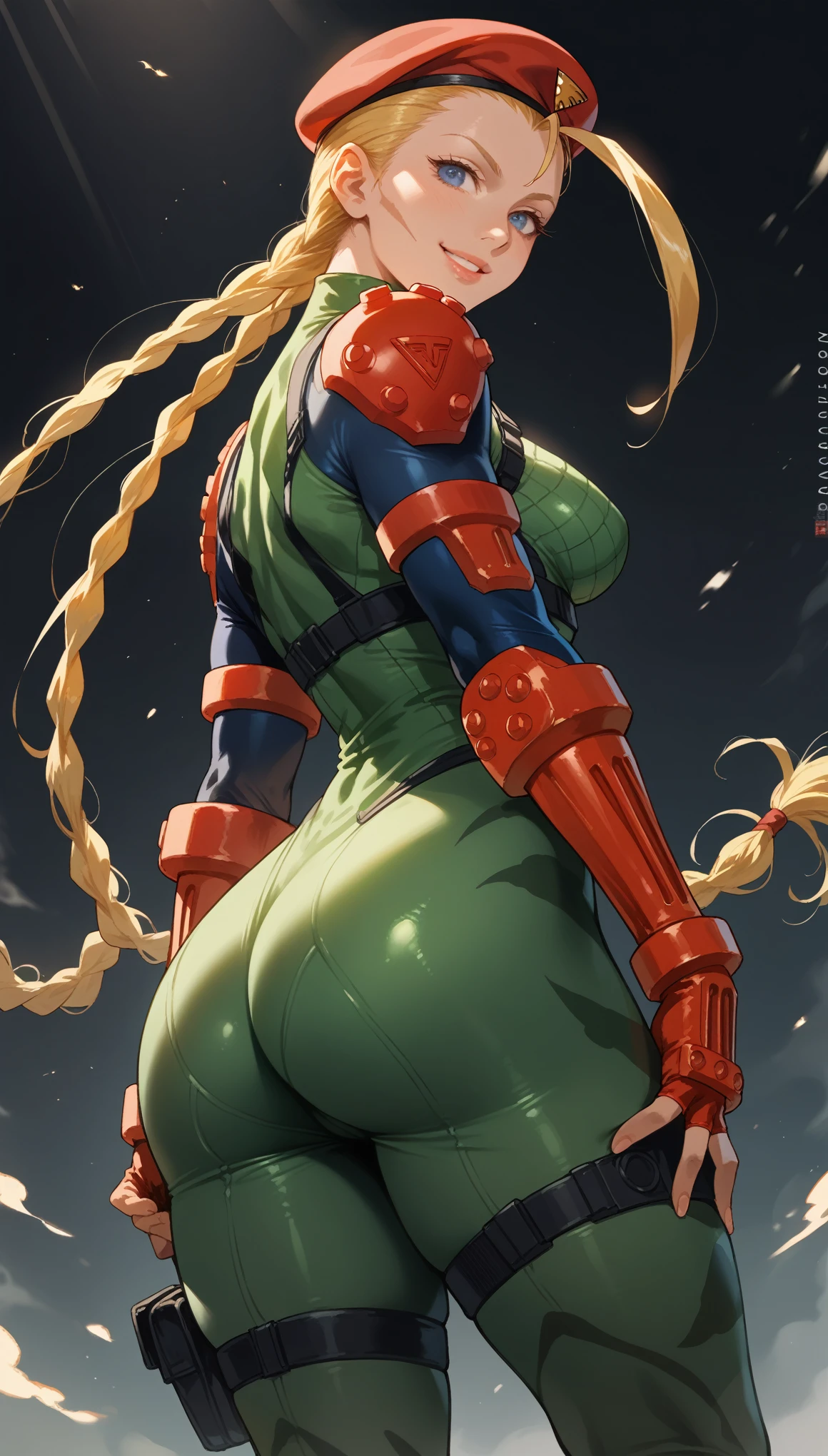 a beautiful woman in a sexy pose, smiling at the camera, long yellow hair, detailed facial features, intricate costume, street fighter cammy, tight bodysuit, showing her ass, masterpiece, photorealistic, 8k, ultra-detailed, vibrant colors, dramatic lighting, cinematic composition
