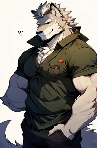 A Upper Torso Body and right Side Body Picture of A Very Muscular Furry style Gray Wolf. he is wearing A Full long armed Dark Green Soldier suit that was used in the war. his hand are in his pocket The background is all White. he have a very long tail. His hair is spikey and messy. He have A gray hair. He have a little smile with blushes on his face in shyness. he is looking at the viewer