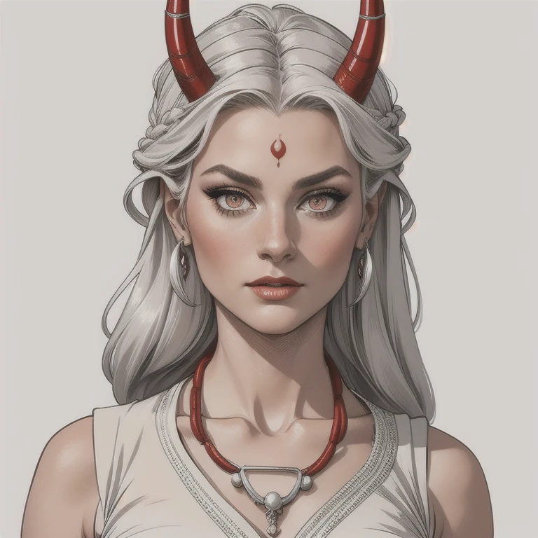 a woman, long braided and detailed hair, human, white background, grey-toned piece, best quality, ultra-high resolution, beautiful, visually stunning, elegant, incredibly detailed, award-winning art, oni horns, redskintone, silver eyes, wearing a white tunic