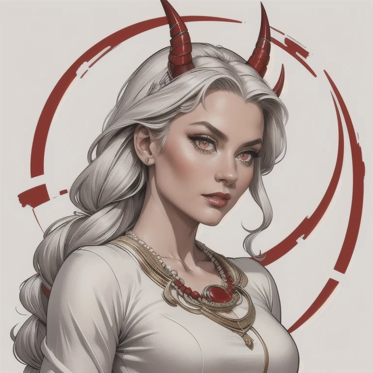 a woman, long braided and detailed hair, human, white background, grey-toned piece, best quality, ultra-high resolution, beautiful, visually stunning, elegant, incredibly detailed, award-winning art, oni horns, redskintone, silver eyes, wearing a white tunic