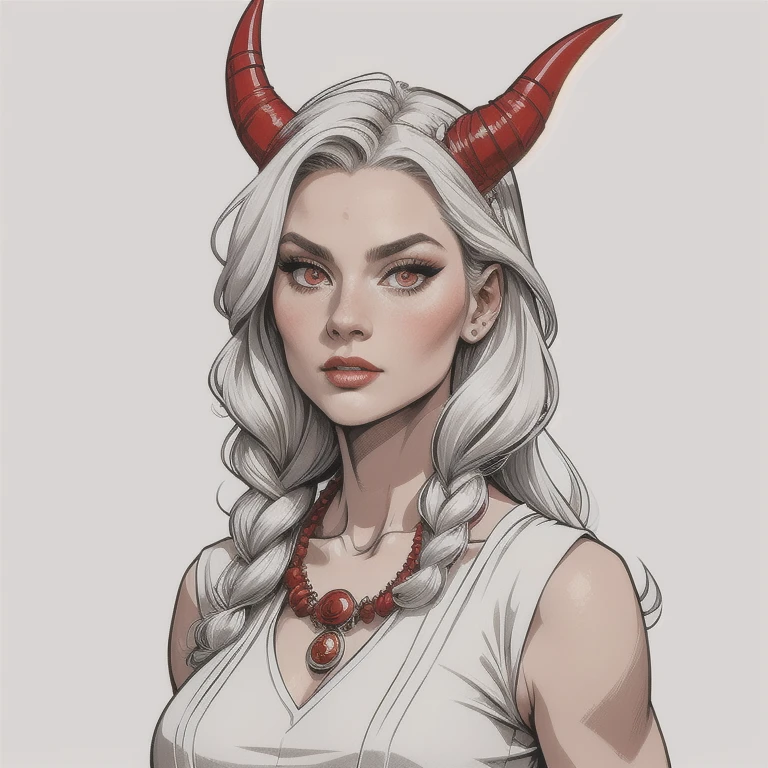 a woman, long braided and detailed hair, human, white background, grey-toned piece, best quality, ultra-high resolution, beautiful, visually stunning, elegant, incredibly detailed, award-winning art, oni horns, redskintone, silver eyes, wearing a white tunic