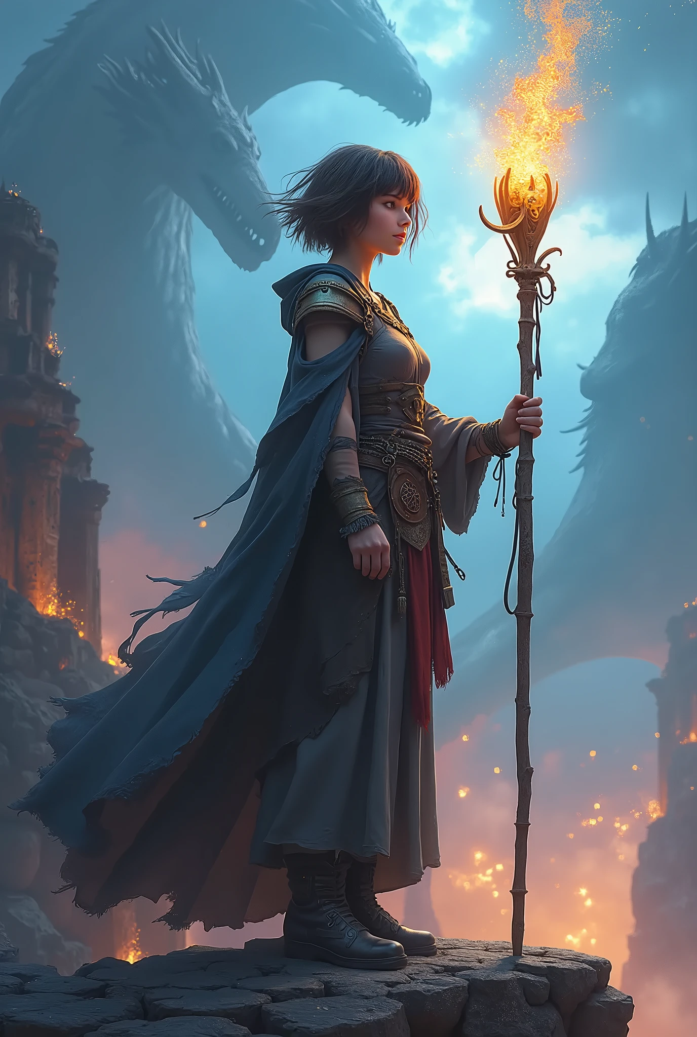 realistic cinematic illustration of a fragile yet powerful young witch sorceress standing on a cliff holding a shining staff, short messy brown hair with fringe, wearing worn and torn wizard's robes mixed with Amazon and warrior armor, determined but melancholic expression, colossal magical dragons and ruins of a destroyed kingdom behind her, swirling clouds in the sky with rays of magic illuminating the horizon, vibrant realistic shading with contrasting deep blues, purples and bright magical golds, mysterious and epic atmosphere, magic dust, glitter, ultra sparkling vapors, sense of hidden power, best quality, 4k, 8k, highres, masterpiece, ultra-detailed, realistic, photorealistic, HDR, UHD, studio lighting, ultra-fine painting, sharp focus, physically-based rendering, extreme detail description, professional, vivid colors, bokeh