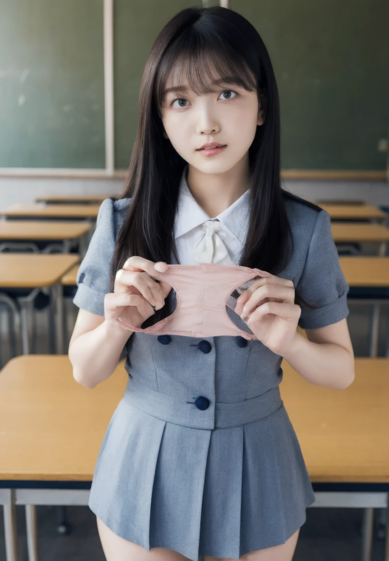 A high school girl is blunt bangs and small skinny body and blush crying and wearing school bag and braless school uniform and navy pleated skirt and who came for a job interview is holding her hand on the desk and presenting her student ID card. The fat and naughty-faced boss is looking at her rollup skirt.