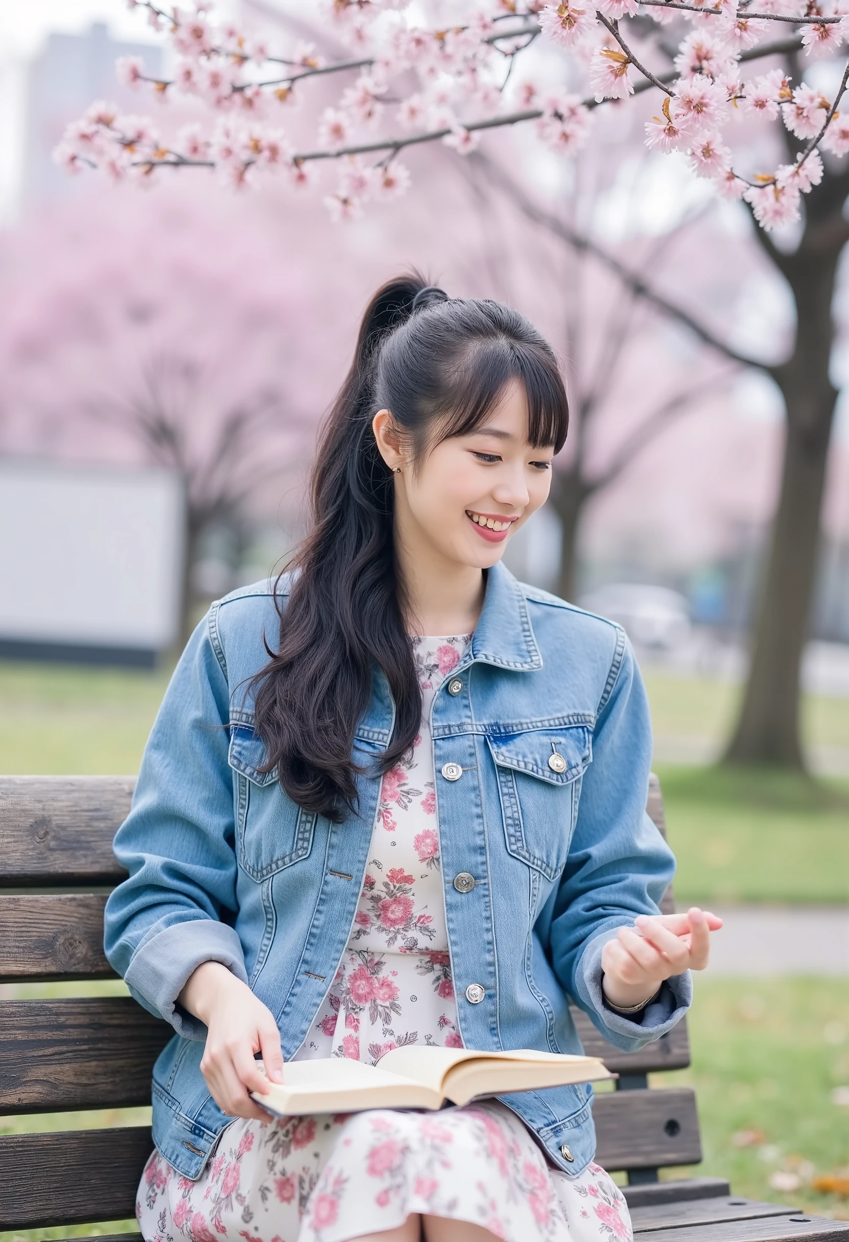 A Japanese woman sitting on a park bench in a stylish denim jacket and a floral dress, her black hair styled in loose waves, smiling brightly as she enjoys a book, surrounded by cherry blossoms, betterpose.