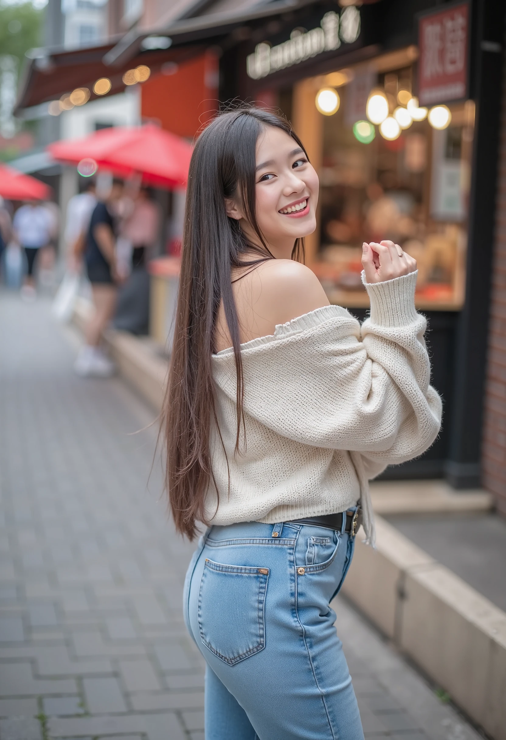 A Chinese woman standing with her arms crossed in a casual oversized sweater and skinny jeans, her long straight hair flowing down her back, joyfully laughing as she poses in front of a bustling street food market, betterpose.