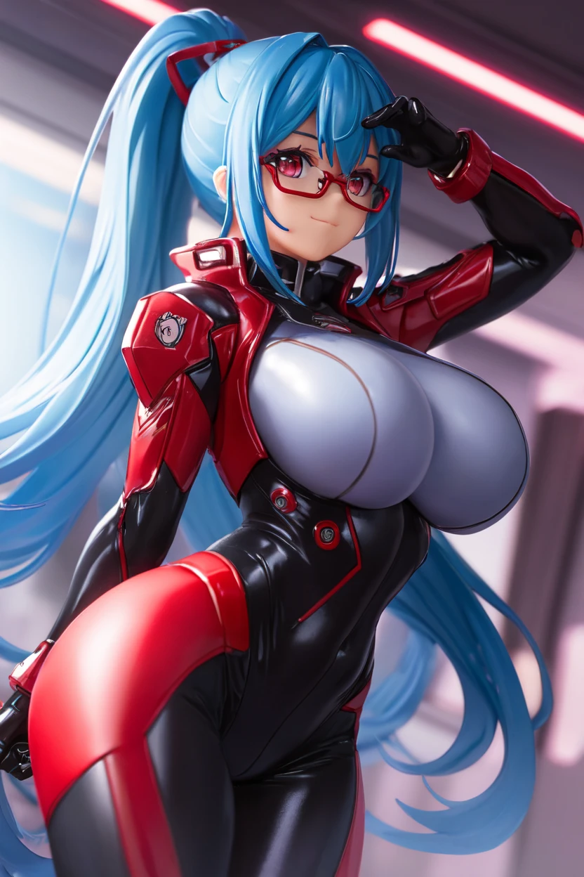 ((1 cyborg woman)),((huge breasts,naked pussy,naked breasts,biomechanical breasts)),((urethral insertion)),((short light blue hair with ponytail,blue eyes)),((cented spreading her legs wide in the shape of an m, on top of a table with monitors, sticking a giant blue rubber penis in her anus)), naughty smile