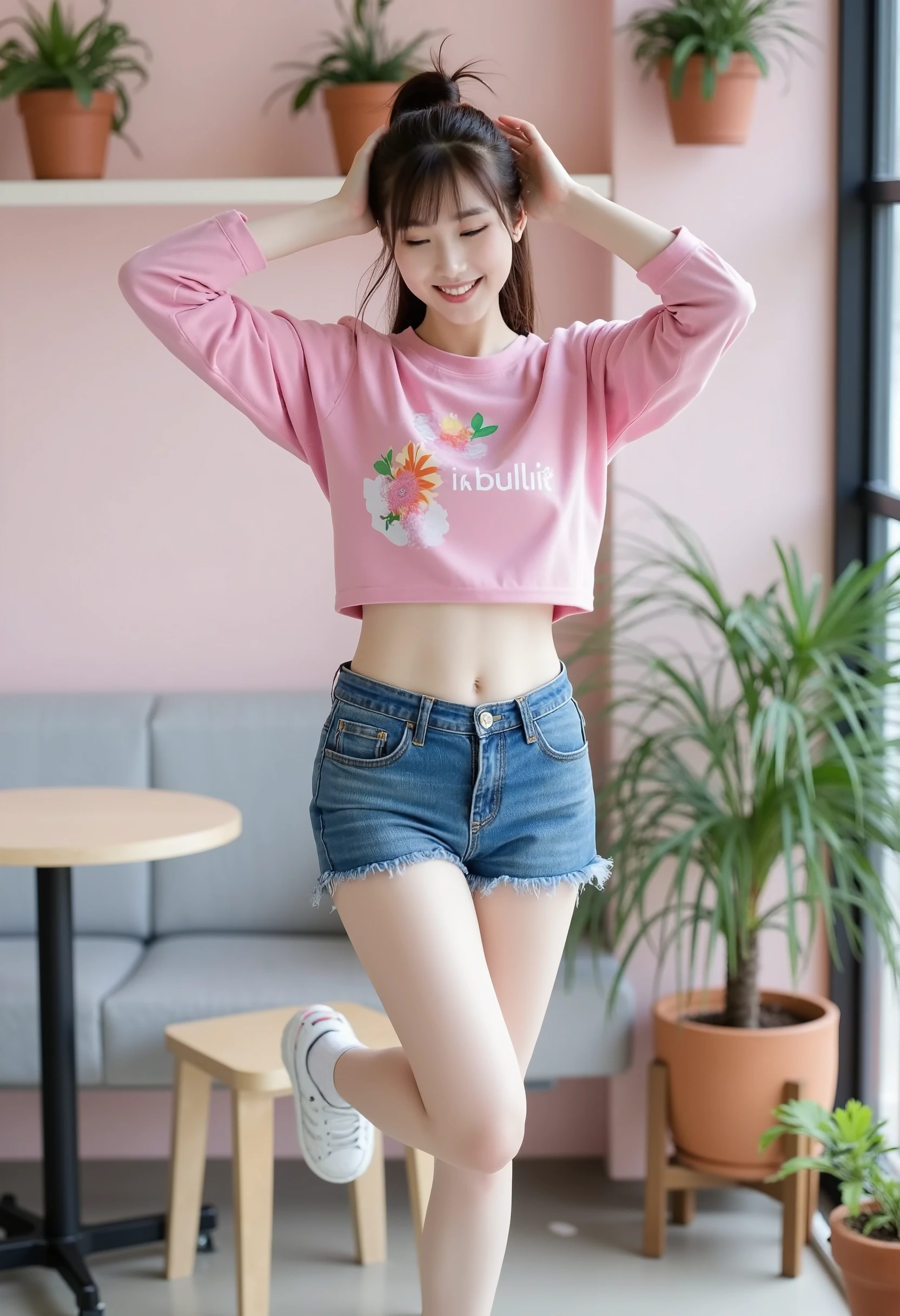 A Korean woman jumping in excitement wearing a trendy crop top and high-waisted shorts, her hair in a playful ponytail, beaming with happiness as she poses in a colorful café decorated with plants, betterpose.