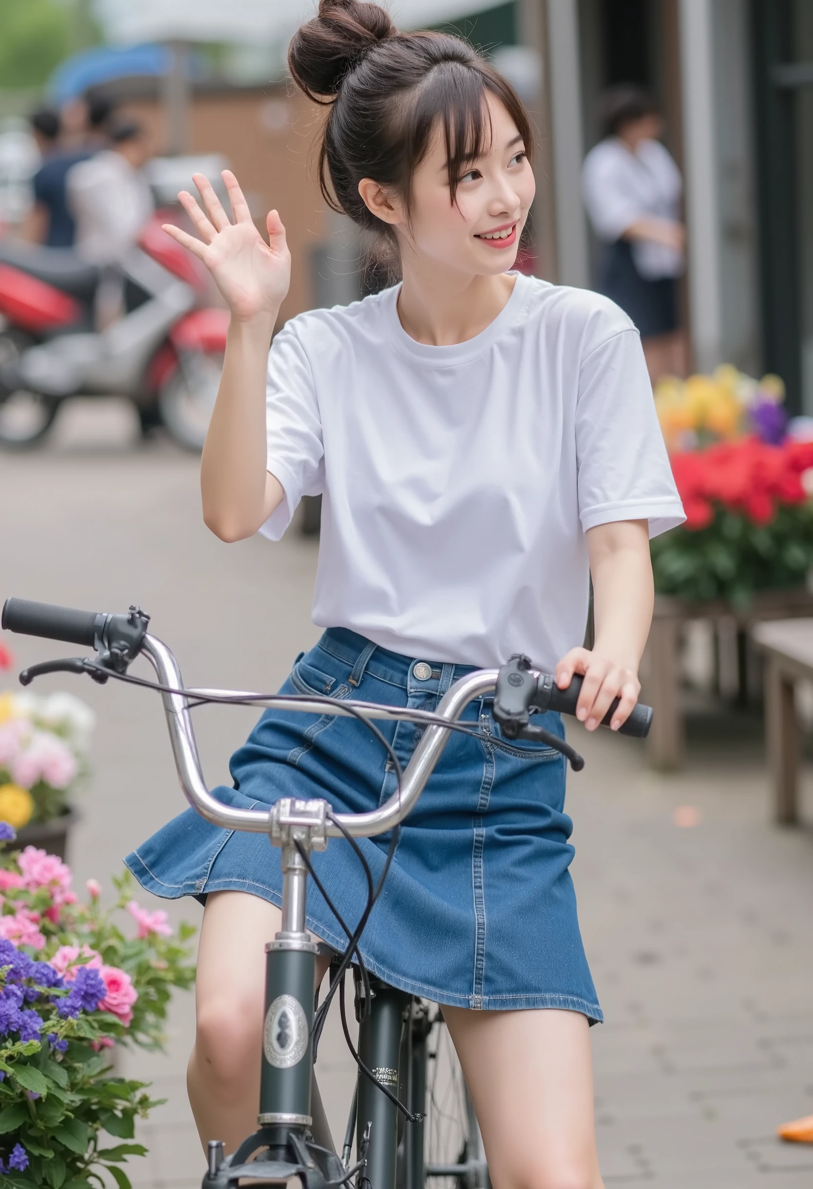 A Vietnamese woman riding a bicycle with one hand raised in a wave, wearing a simple white t-shirt and denim skirt, her hair in a loose bun, looking cheerful as she rides through a flower market, colorful blooms surrounding her, betterpose.