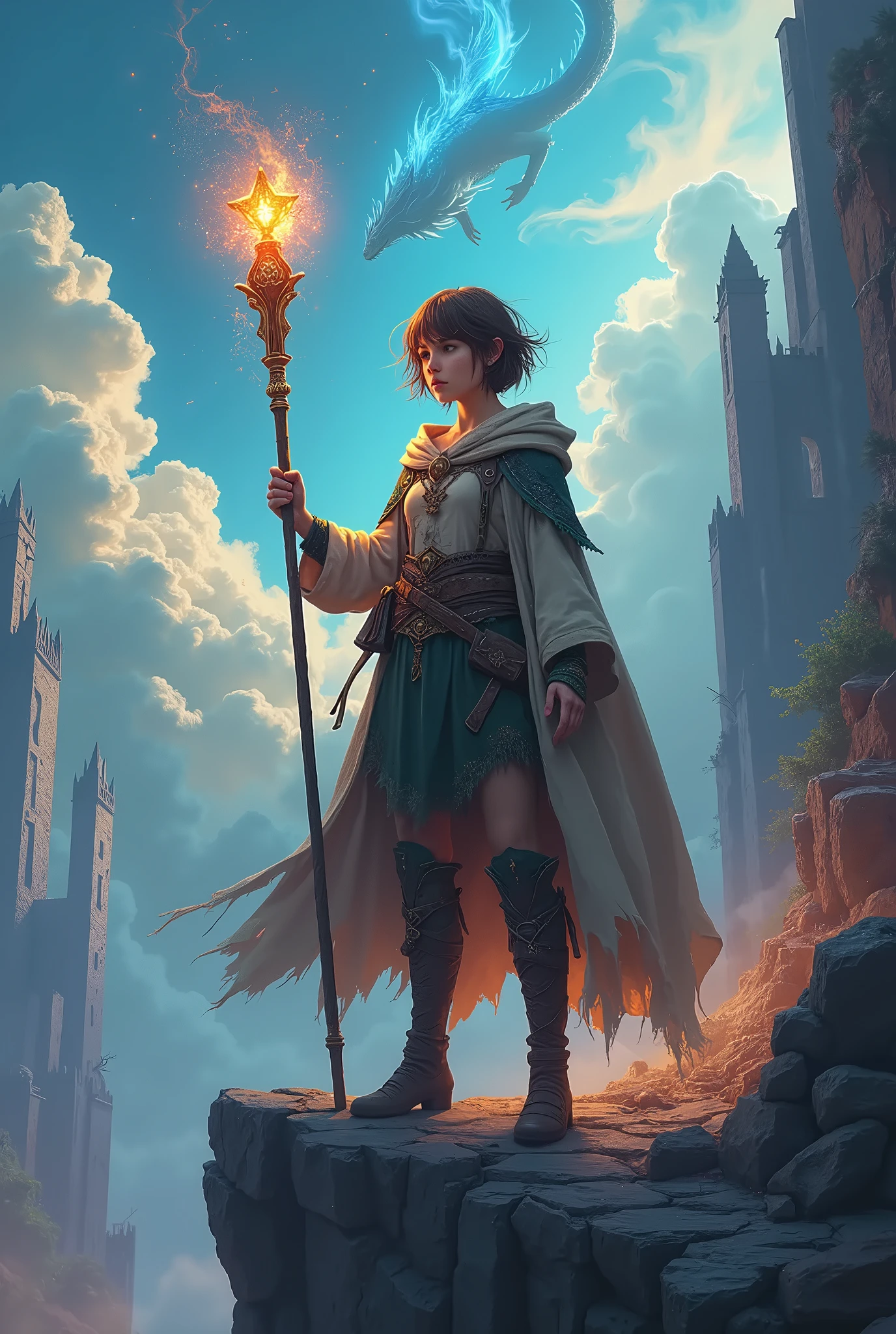 realistic cinematic illustration of a fragile yet powerful young witch sorceress standing on a cliff holding a shining staff, short messy brown hair with fringe, wearing worn and torn wizard's robes mixed with Amazon and warrior armor, determined but melancholic expression, colossal magical dragons and ruins of a destroyed kingdom behind her, swirling clouds in the sky with rays of magic illuminating the horizon, vibrant realistic shading with contrasting deep blues, purples and bright magical golds, mysterious and epic atmosphere, magic dust, glitter, ultra sparkling vapors, sense of hidden power, best quality, 4k, 8k, highres, masterpiece, ultra-detailed, realistic, photorealistic, HDR, UHD, studio lighting, ultra-fine painting, sharp focus, physically-based rendering, extreme detail description, professional, vivid colors, bokeh