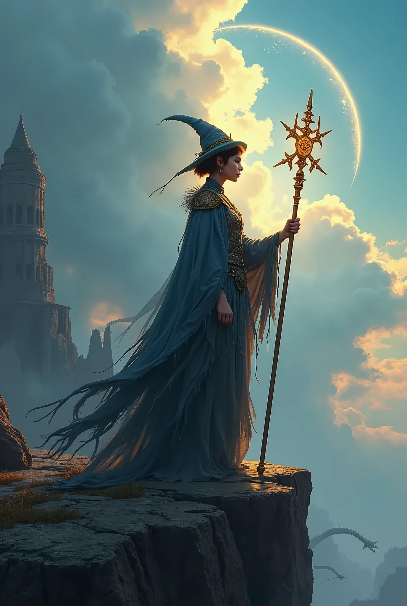 Sharp realistic and intricate cinematic rendering style illustration with a fragile, but powerful young witch sorceress standing on top of a cliff, holding a shining staff. Seu cabelo é curto na altura do pescoço com fringe baguncada, His clothes are worn and torn, They are a mix of a wizard&#39;s robes with Amazon and warrior armor., and she has a determined expression, but melancholy. Behind her rise colossal magical dragons, ruins of a destroyed kingdom with a darkness being softened by the magic of dragons and their magic, ruined castle in the distance. The sky is full of swirling clouds, with rays of magic illuminating the horizon.Art style should have vibrant realistic shading, with contrasting colors of deep blues, purple, and bright magical gold. The overall tone should be mysterious and epic., with magic dust and glitter, ultra sparkling vapors, 
 with a sense of the hidden power of the mystical sorceress mage.",
  
}high resolution, detail, HD model, Half moon earrings, bright pupils, EXPRESSIONS, Jewel, Sorcerer's hat, ray tracing, cinematic lighting, 3D Rendering, short hair, fringe, Brown hair, fringe entre os olhos, Best quality, anatomically correct, 