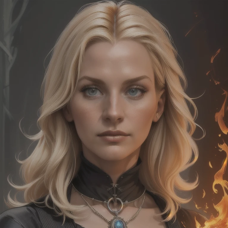 (melancholic beautiful blonde witch, Marisha Becker, 30 year old woman, fire magic:1.3), upper body, (best quality, 4k, 8k, highres, masterpiece:1.2), (gorgeous detailed face:1.1), (realistic:1.5), dramatic lighting, moody atmosphere, intricate details, cinematic composition, glowing fire effects, warm color tones