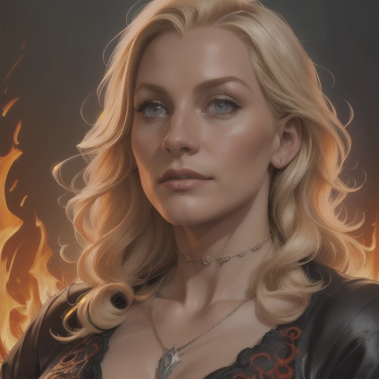 (melancholic beautiful blonde witch, Marisha Becker, 30 year old woman, fire magic:1.3), upper body, (best quality, 4k, 8k, highres, masterpiece:1.2), (gorgeous detailed face:1.1), (realistic:1.5), dramatic lighting, moody atmosphere, intricate details, cinematic composition, glowing fire effects, warm color tones