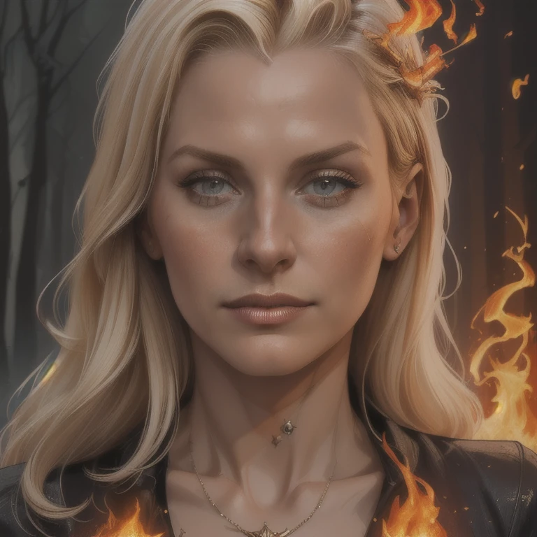 (melancholic beautiful blonde witch, Marisha Becker, 30 year old woman, fire magic:1.3), upper body, (best quality, 4k, 8k, highres, masterpiece:1.2), (gorgeous detailed face:1.1), (realistic:1.5), dramatic lighting, moody atmosphere, intricate details, cinematic composition, glowing fire effects, warm color tones