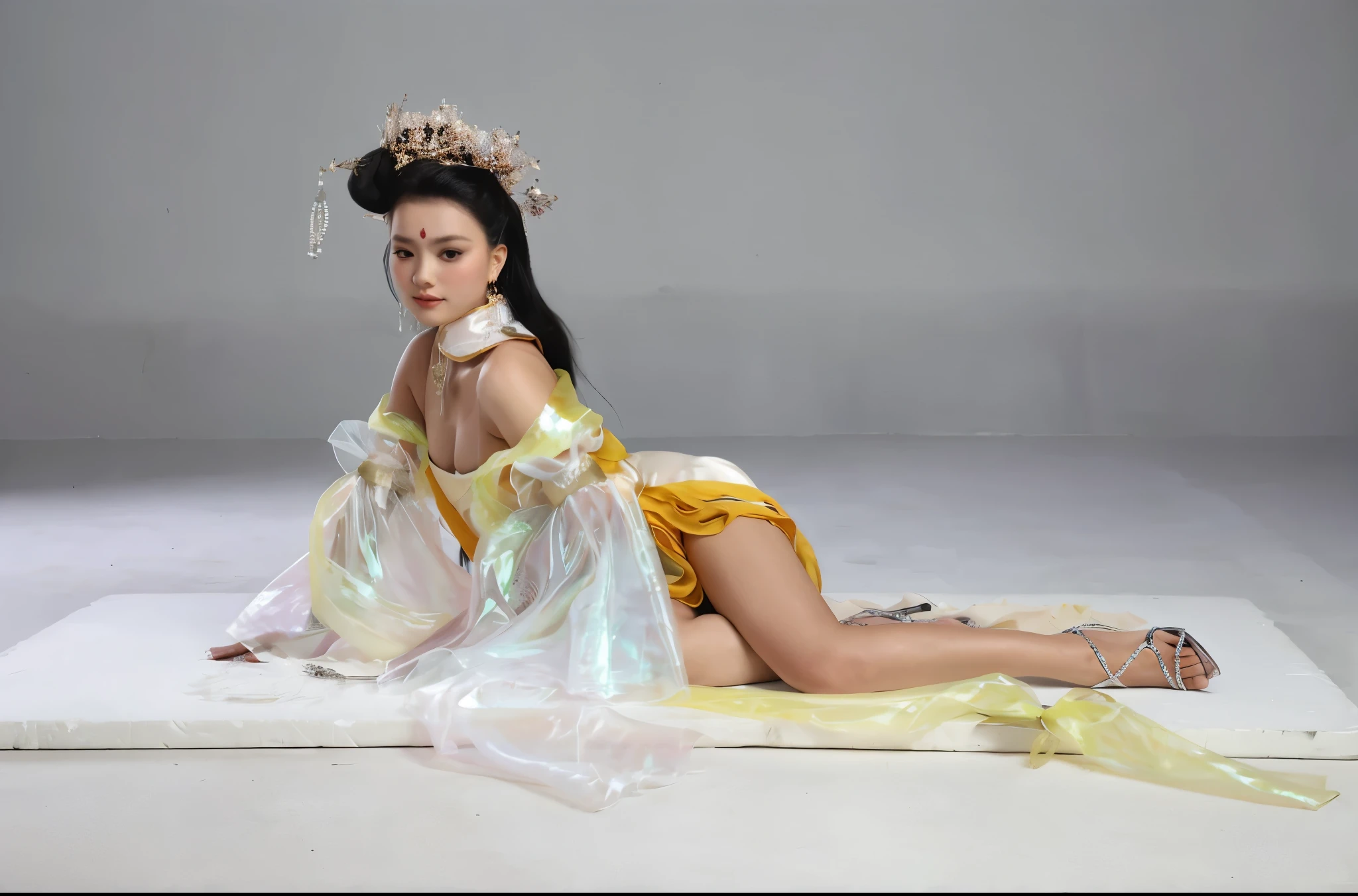 From the pre-Qing period, The Empress sits naked on a large golden sofa in the palace, Her legs were spread, At the Chinese court during the Qing Dynasty, Empress of the Qing Dynasty, Wearing the great crown of the Chinese Empress, Belly and thighs visible from below.。She is completely naked, Showing off gorgeous large flowers and hairpins, She tied her hair up and pulled it up, 背景はEmpress of the Qing Dynastyの豪華な宮殿.